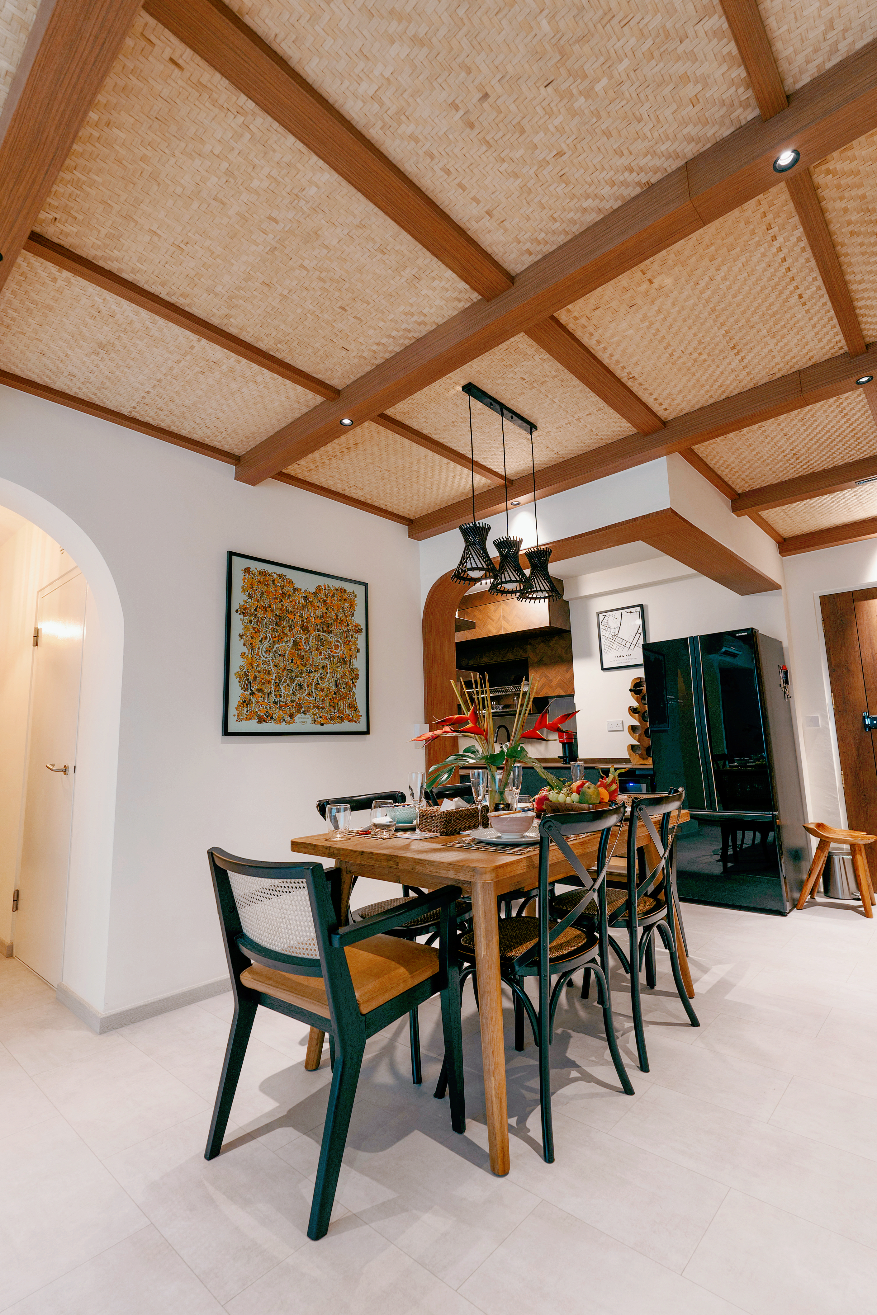 Dining Area Tour: Perfect for Hosting! - Wooden ceiling beams, woven ceiling, modern dining room, wooden chairs, black metal