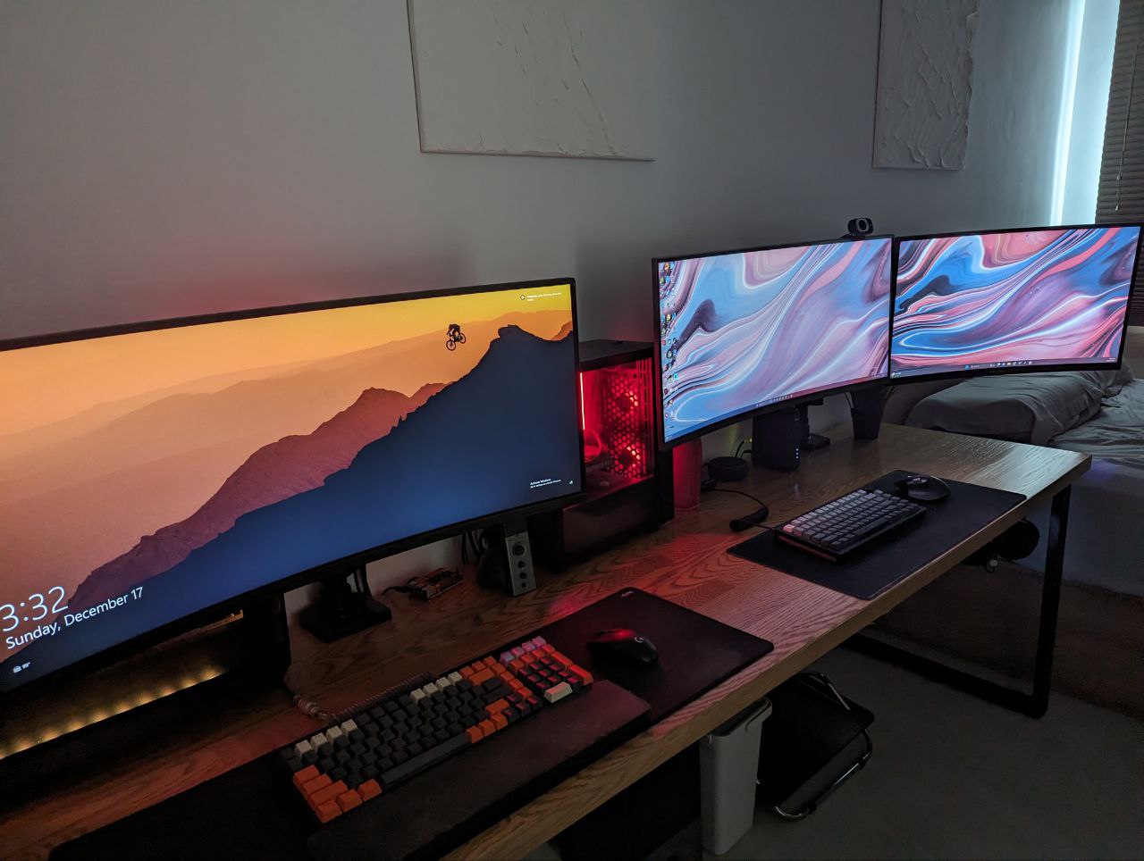 WFH and PFH (play from home) seamlessly - 3:32 Sunday, December 17, vibrant landscape wallpaper, dual monitors setup, sleek