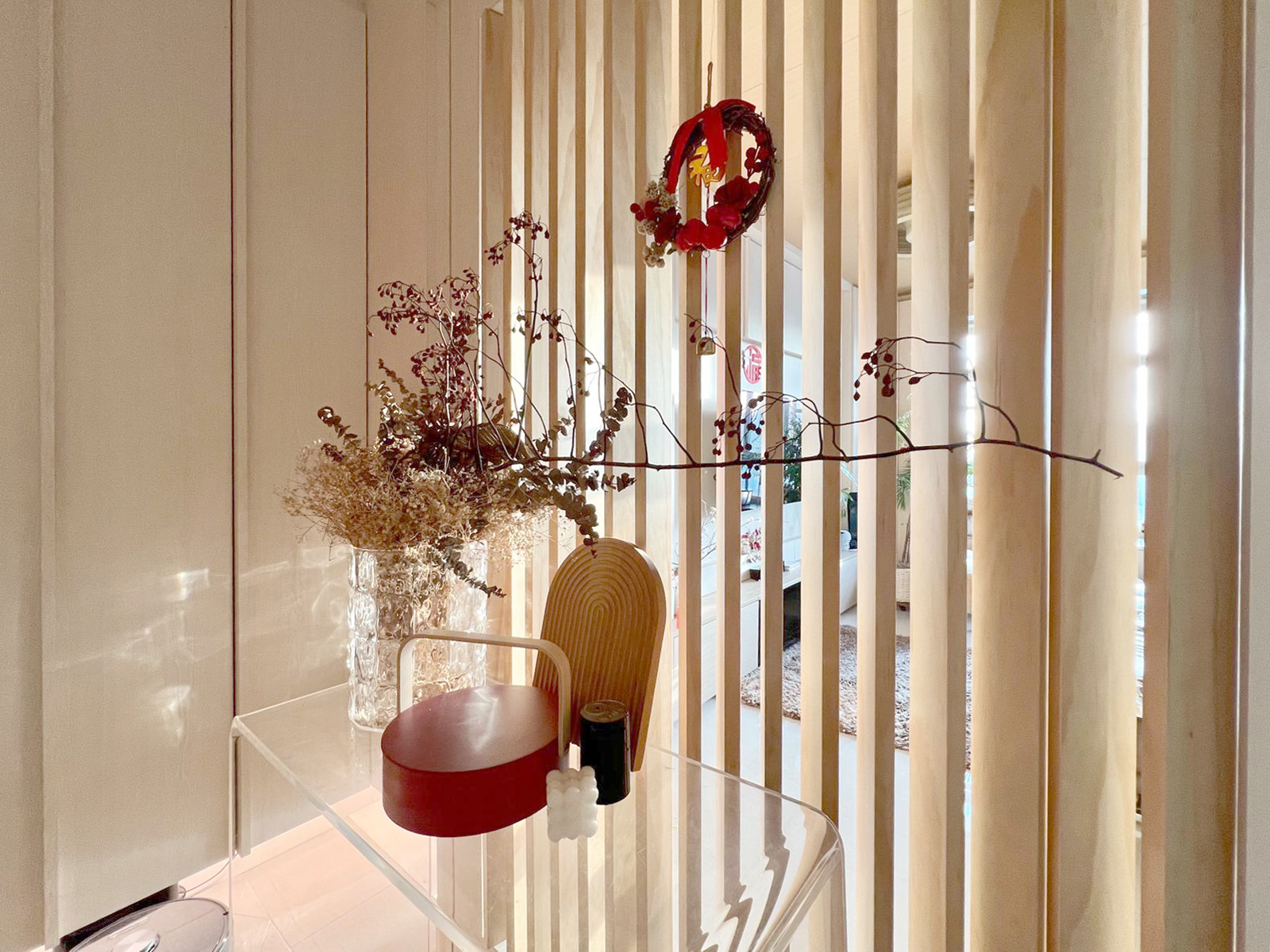 Our version of CNY deco  - vibrant, modern, minimalist, cozy, natural, earthy, botanical, soft lighting, serene, harmonious