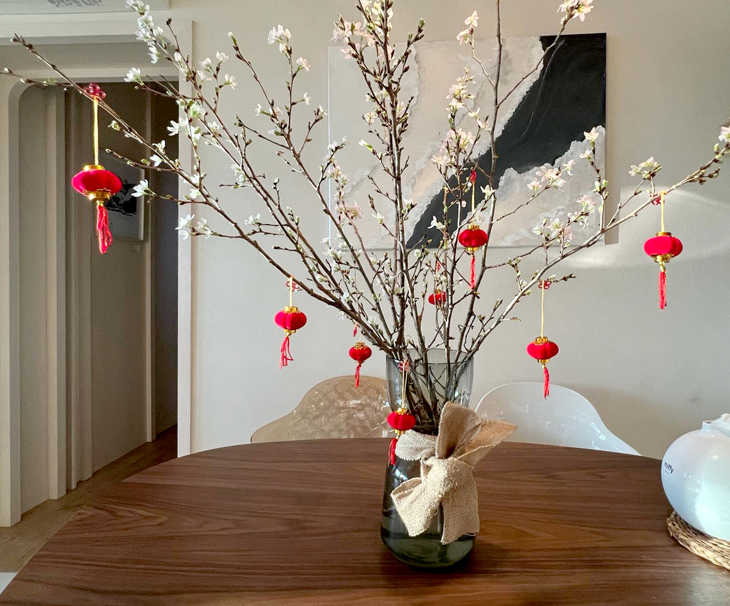Our version of CNY deco  - vibrant spring branch, delicate blossoms, fresh green leaves, budding branches, red lanterns
