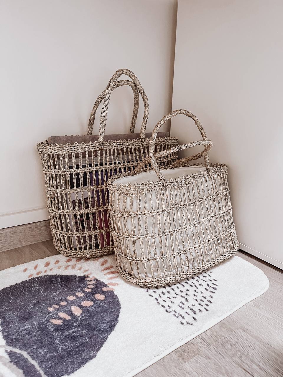 The half-half room - Wicker baskets, woven handles, rustic charm, natural fiber, decorative storage, cozy corner, minimalist