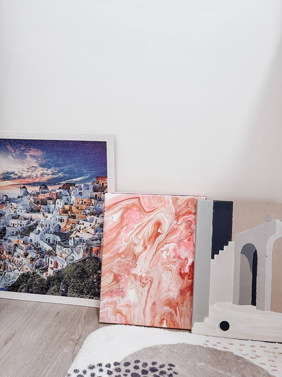 The half-half room - Artistic landscape painting depicting a picturesque coastal town, Vibrant abstract painting with