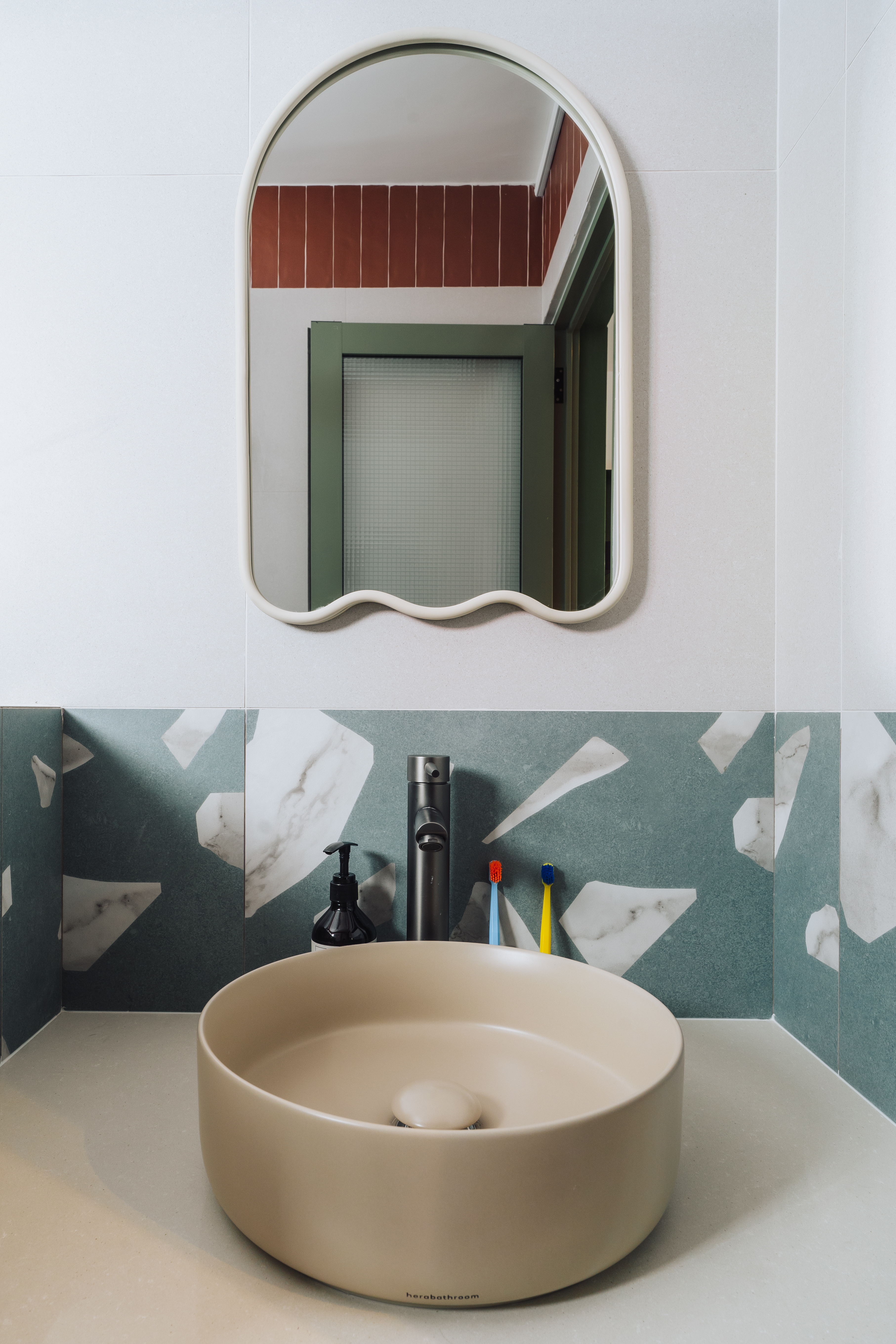 Wired glass - privacy with a fun touch for our toilets - Modern bathroom vanity, beige oval sink, white countertop, green and