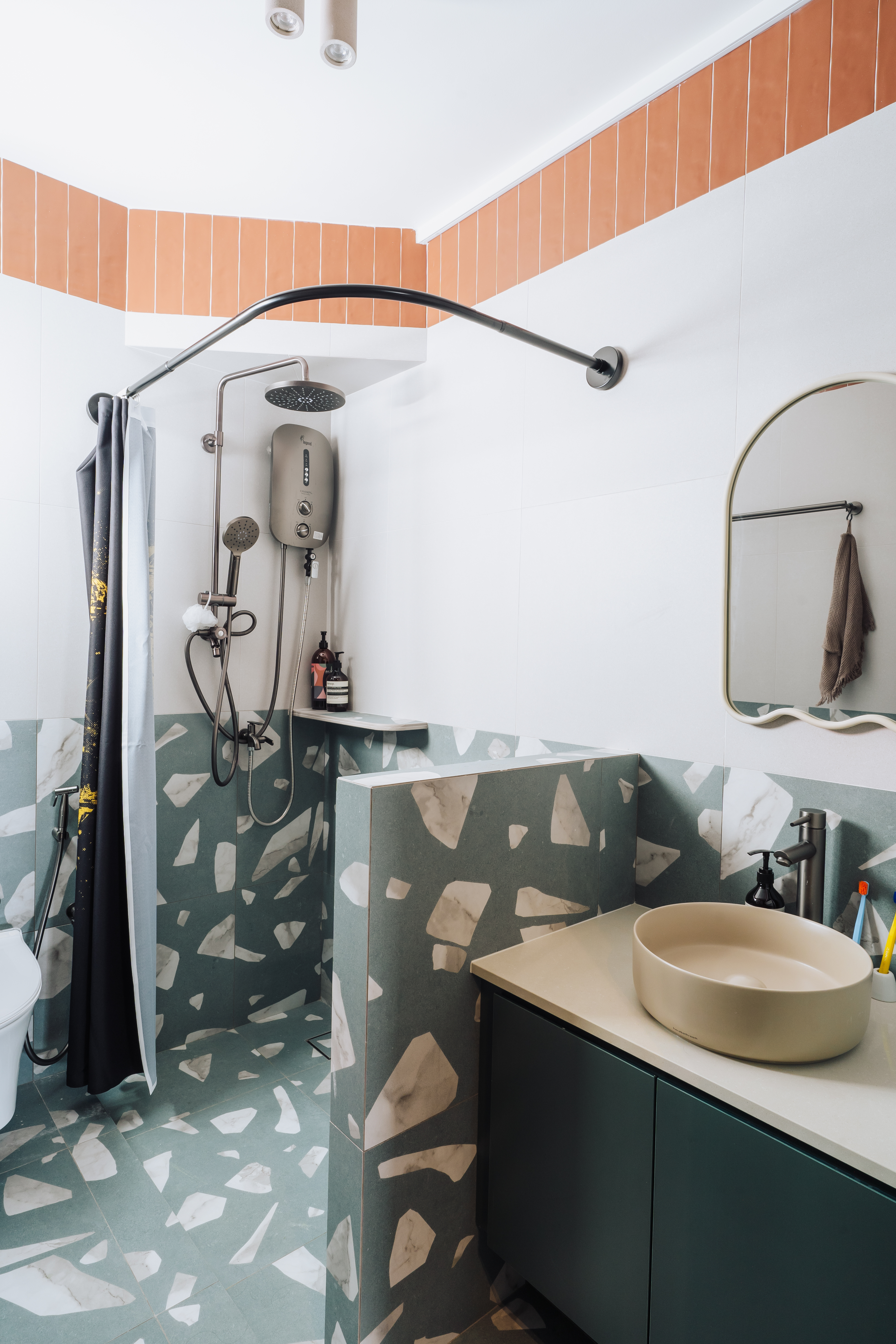 Wired glass - privacy with a fun touch for our toilets - Modern bathroom with sleek design, beige sink, white toilet, green