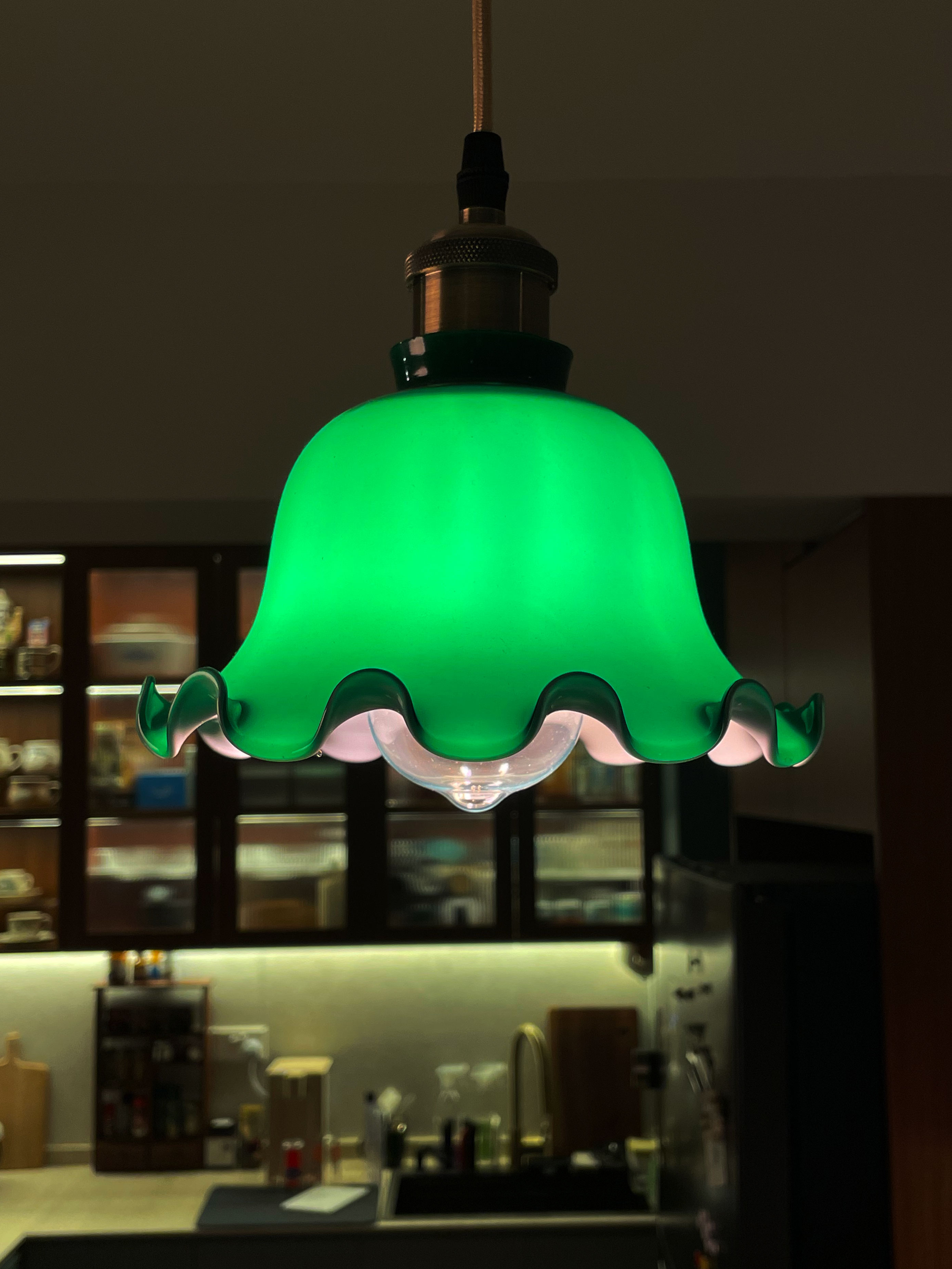 Let There Be Light: Say NO to dark spaces 🙅🏻‍♀️🙅🏻‍♂️  - Green pendant light fixture, modern kitchen, dimly lit room