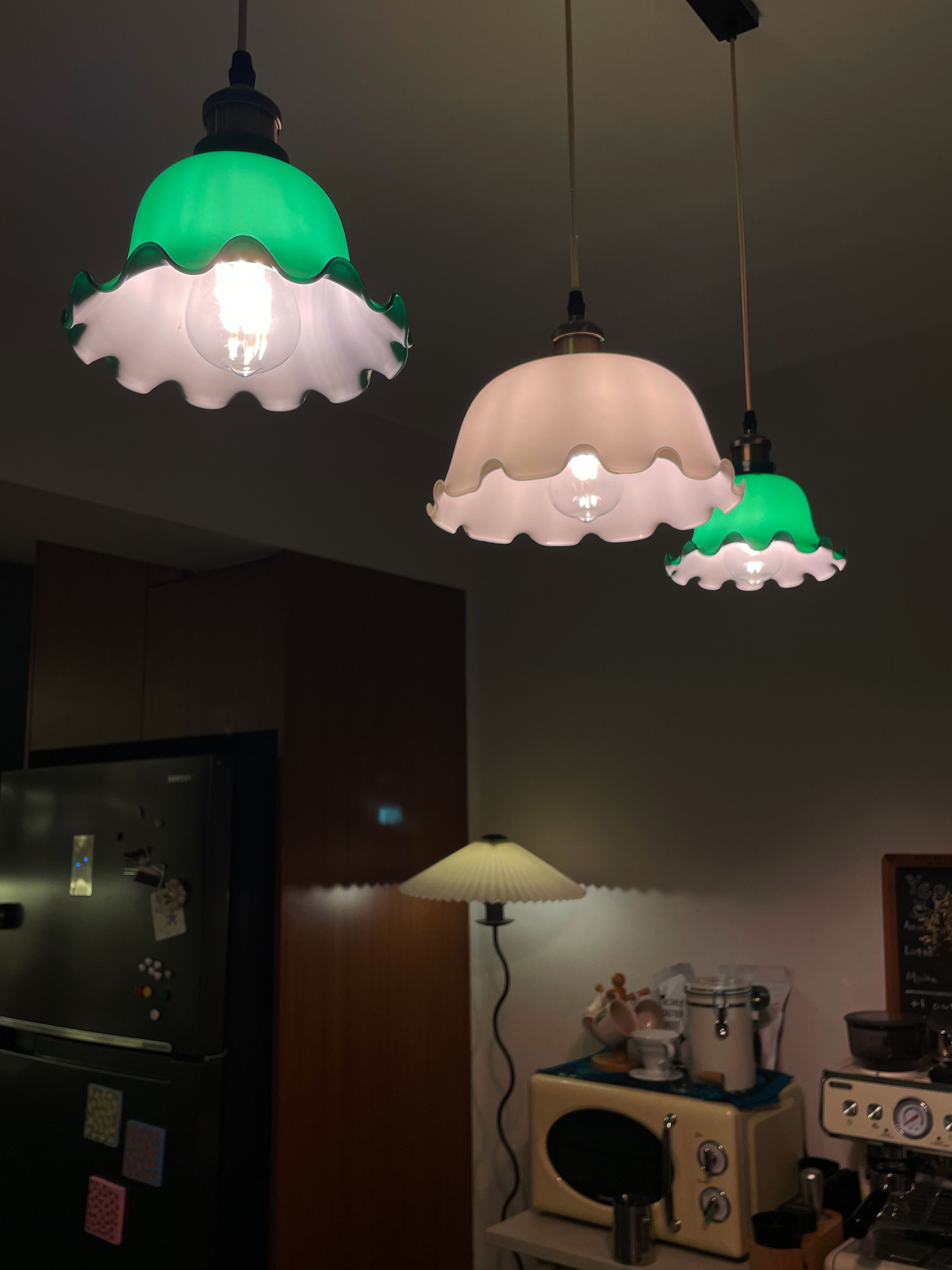 Let There Be Light: Say NO to dark spaces 🙅🏻‍♀️🙅🏻‍♂️  - Green and white whimsical pendant lights, dark kitchen