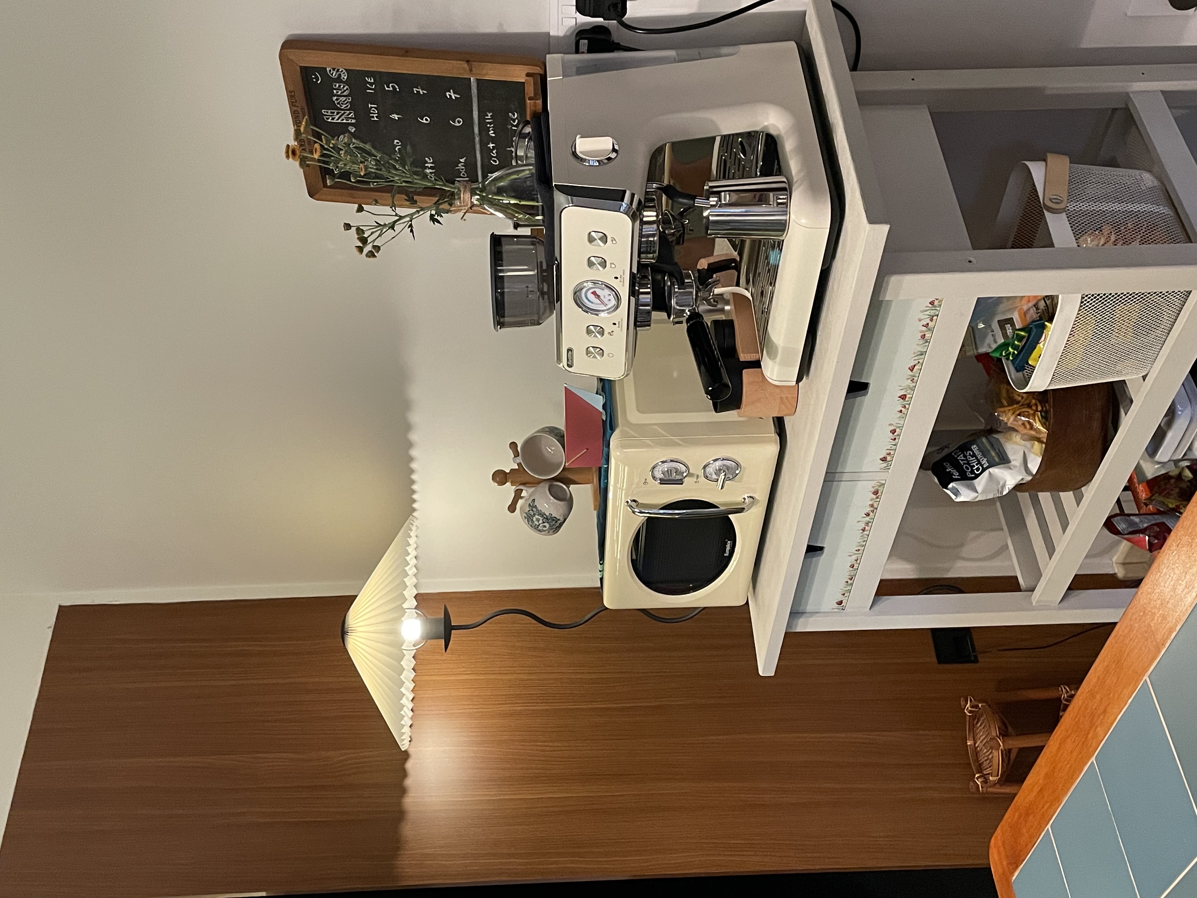 Let There Be Light: Say NO to dark spaces 🙅🏻‍♀️🙅🏻‍♂️  - coffee maker, vintage espresso machine, wooden shelf, white