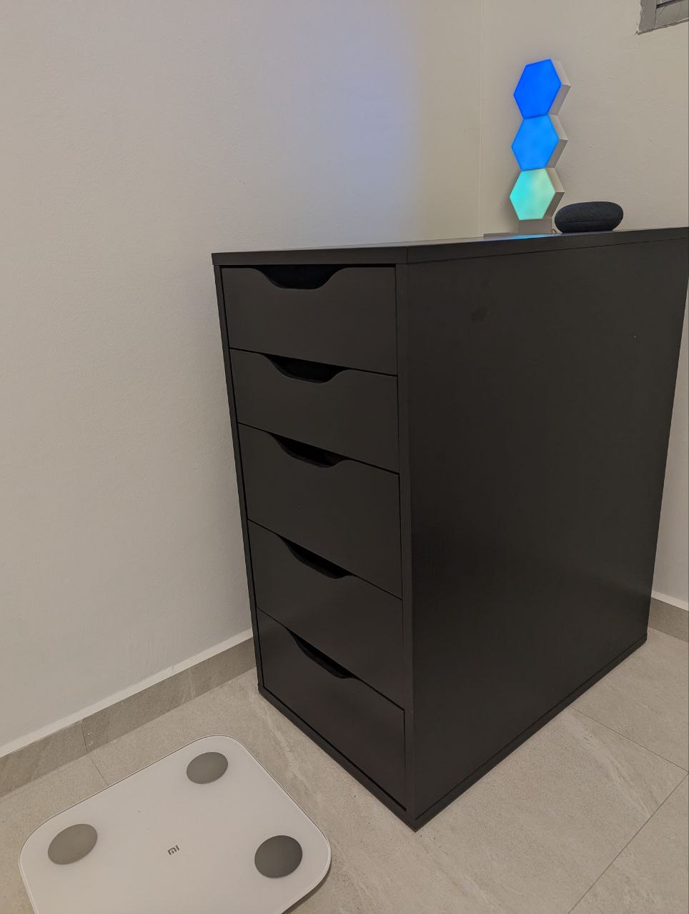 Magic of a home gym - smart home, digital scale, minimalist design, modern furniture, black dresser, floating shelves