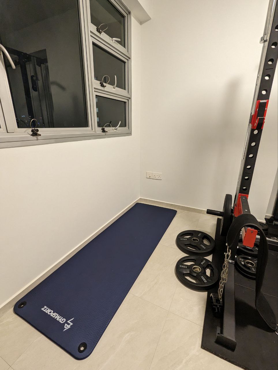 Magic of a home gym - blue exercise mat, black weight plates, black and red weightlifting rack, black weightlifting barbell