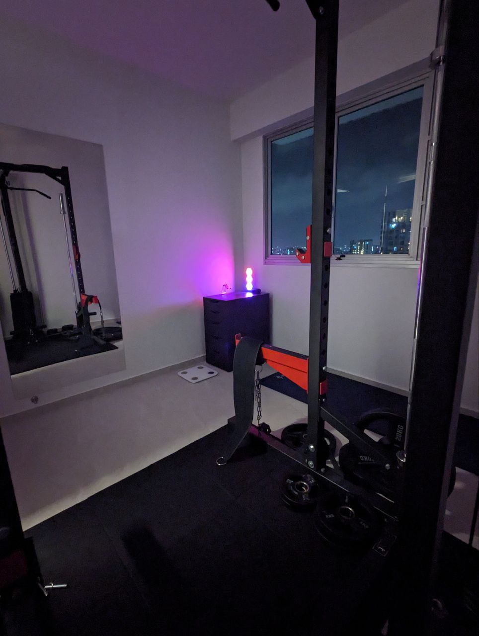 Magic of a home gym - gym equipment, weightlifting station, indoor workout, home gym, fitness room, black and orange