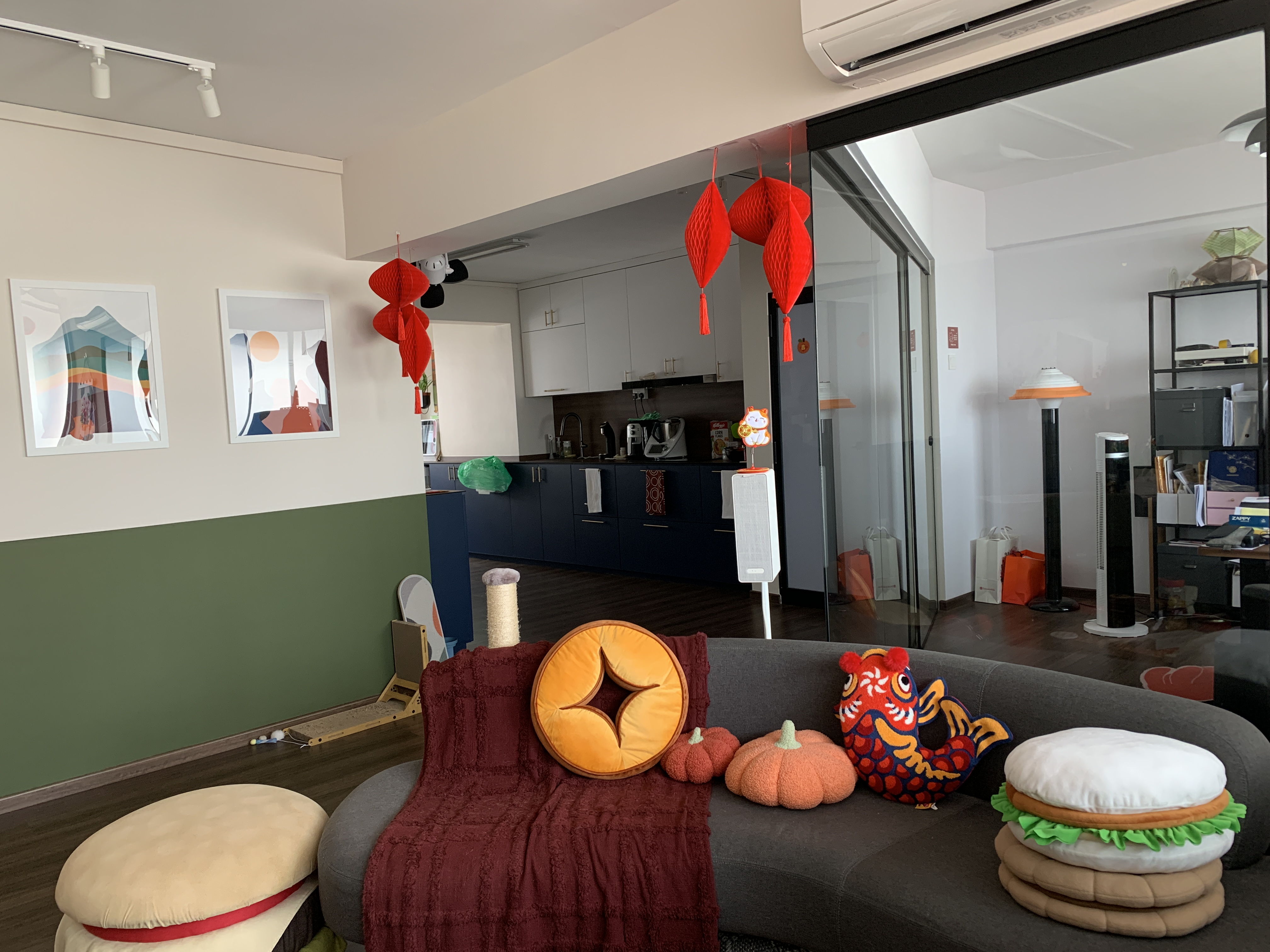 Welcoming the Year of the Dragon - Hanging Lanterns Everywhere - Modern living room with cozy furniture, plush cushions, and
