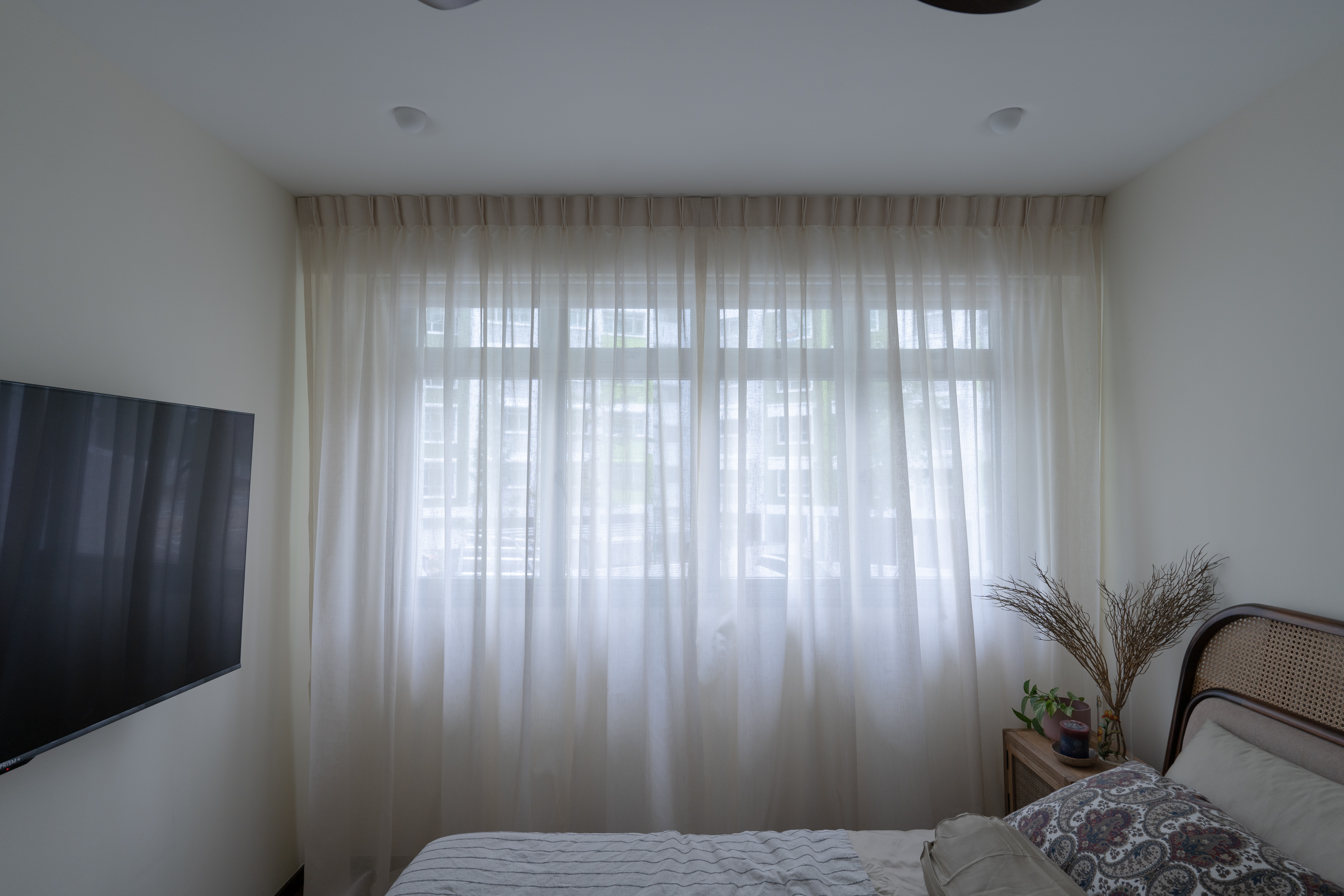 Resort-vibes Master Bedroom - White sheer curtains, modern bedroom, minimalist decor, natural light, large window, wooden