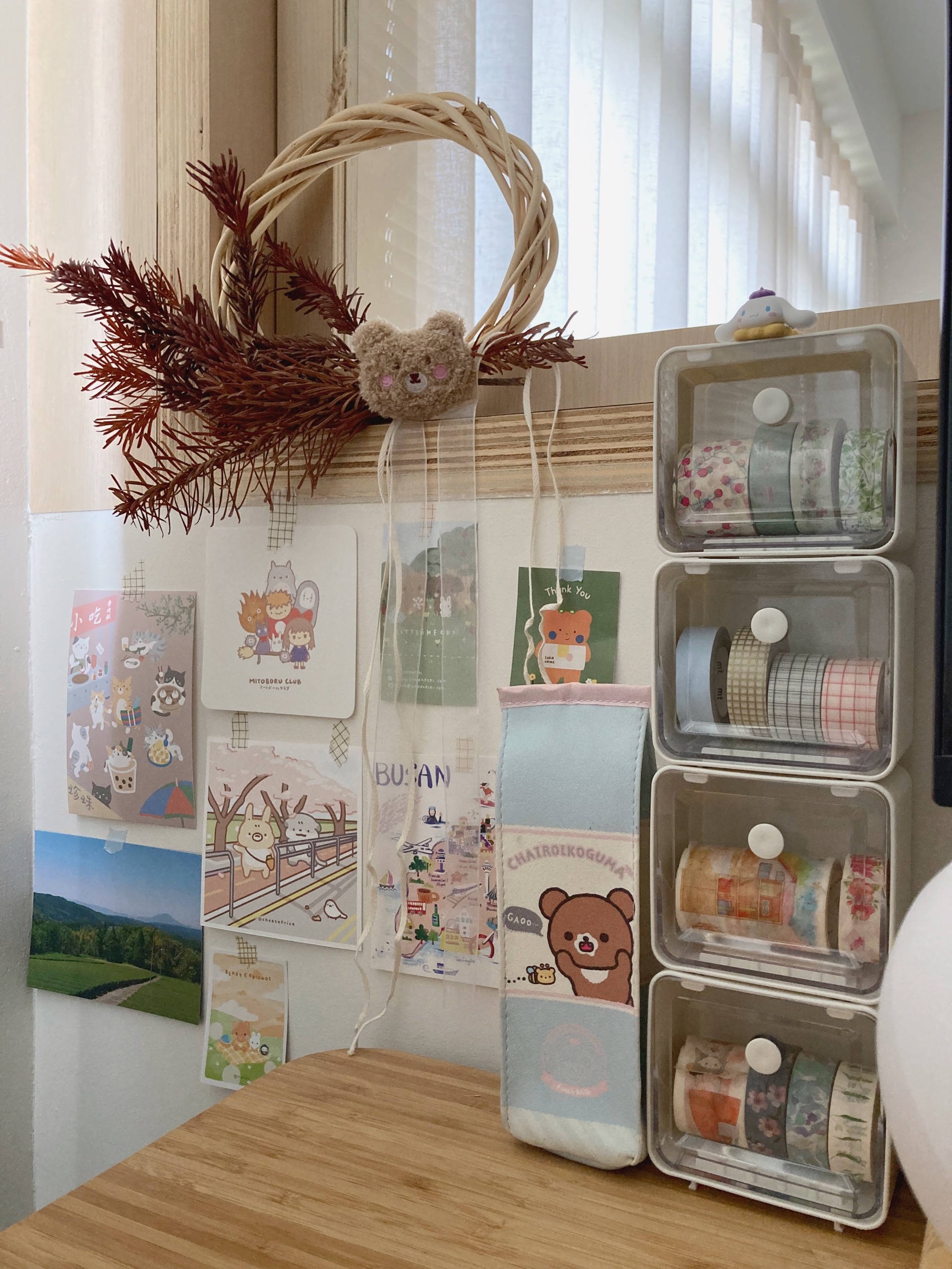 Bright and Open Minimalist Workspace - Bamboo wreath, cute bear, pastel bags, stationery supplies, greeting cards, cute