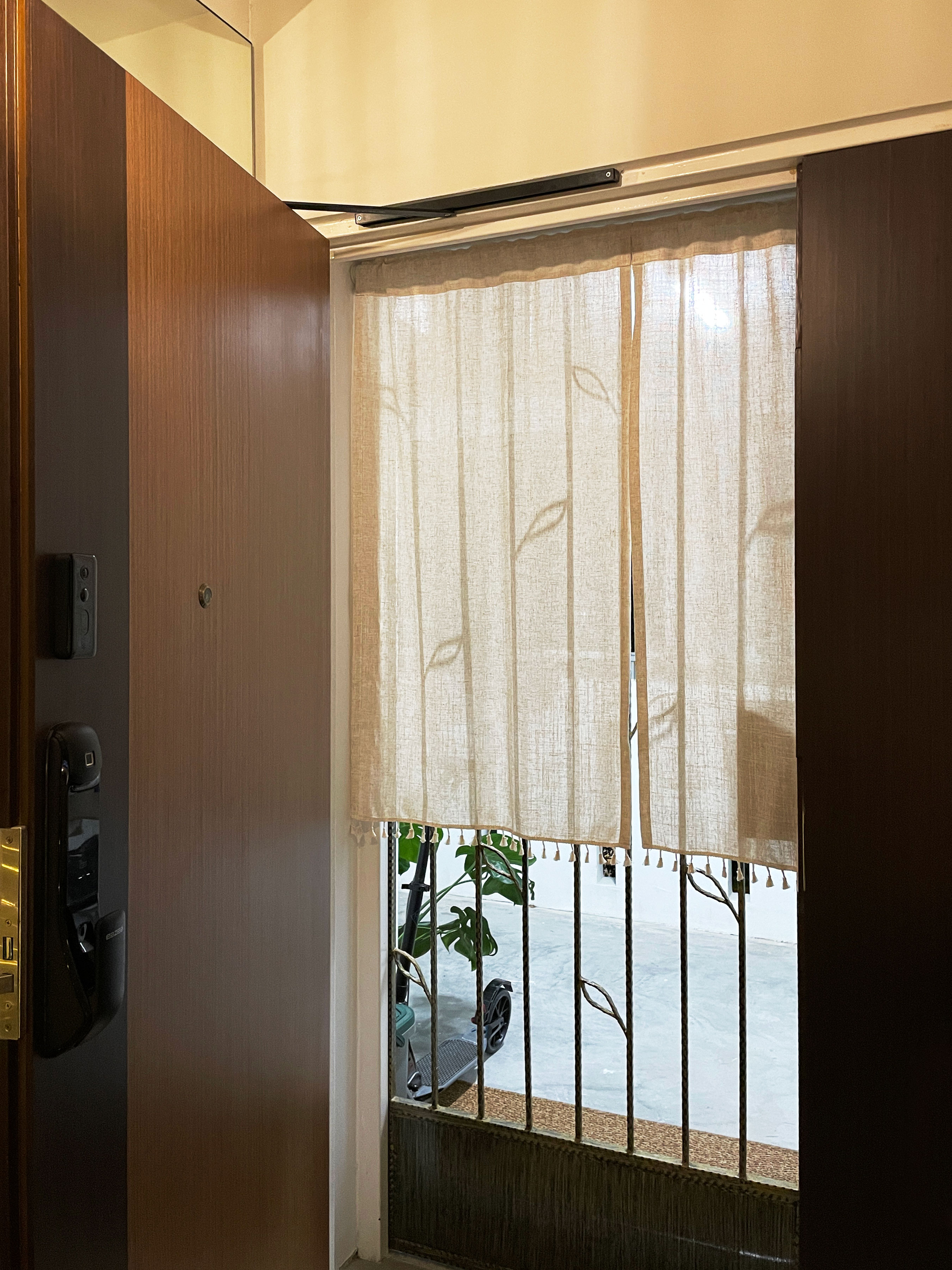 Keep prying eyes 👀 away: Maintaining privacy in your foyer - Wooden door, beige curtains, indoor setting, window, plant
