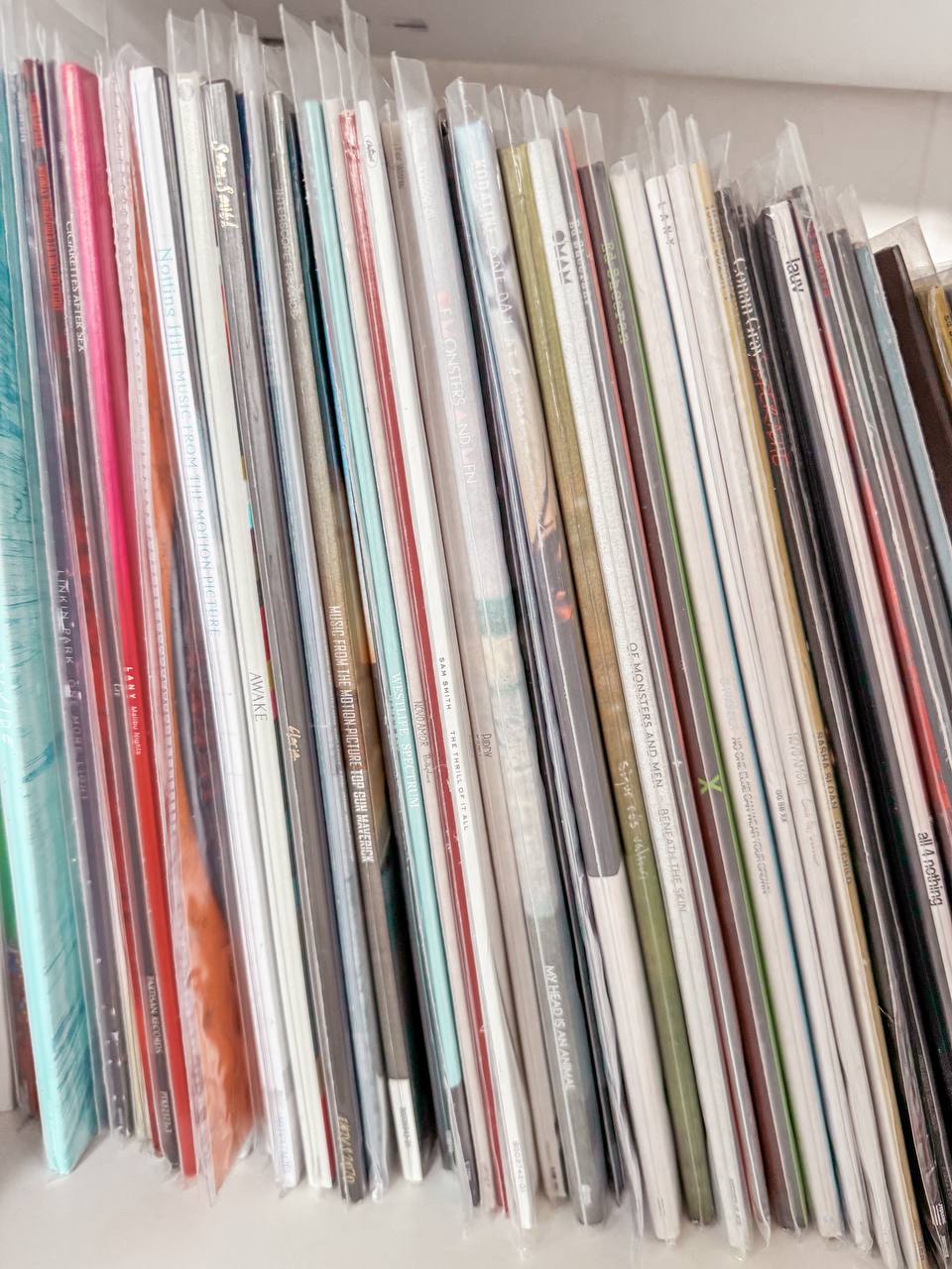 Entryway  - Vinyl records, music collection, album spines, colorful album covers, neatly organized, transparent sleeves