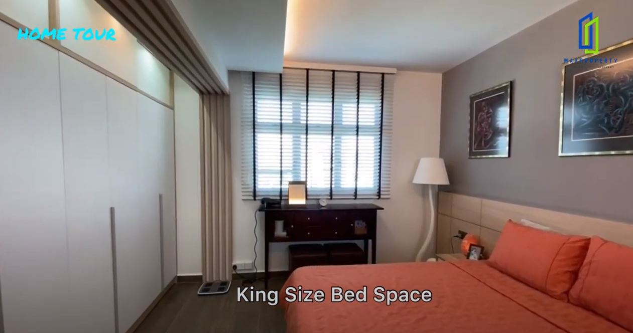 Our Second Home Renovation | on what we have saved - Modern bedroom with large window, king-size bed, orange bedding, bedside