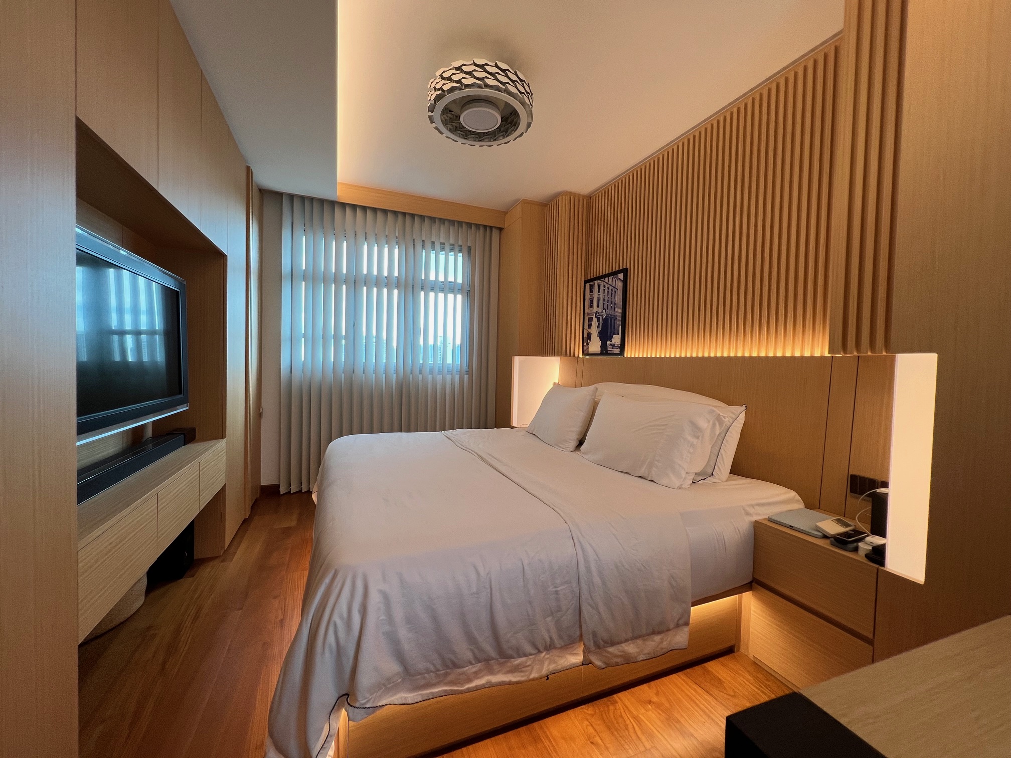 Our Second Home Renovation | on what we have saved - Wooden cabinetry, modern design, large bed, white bedding, bedside