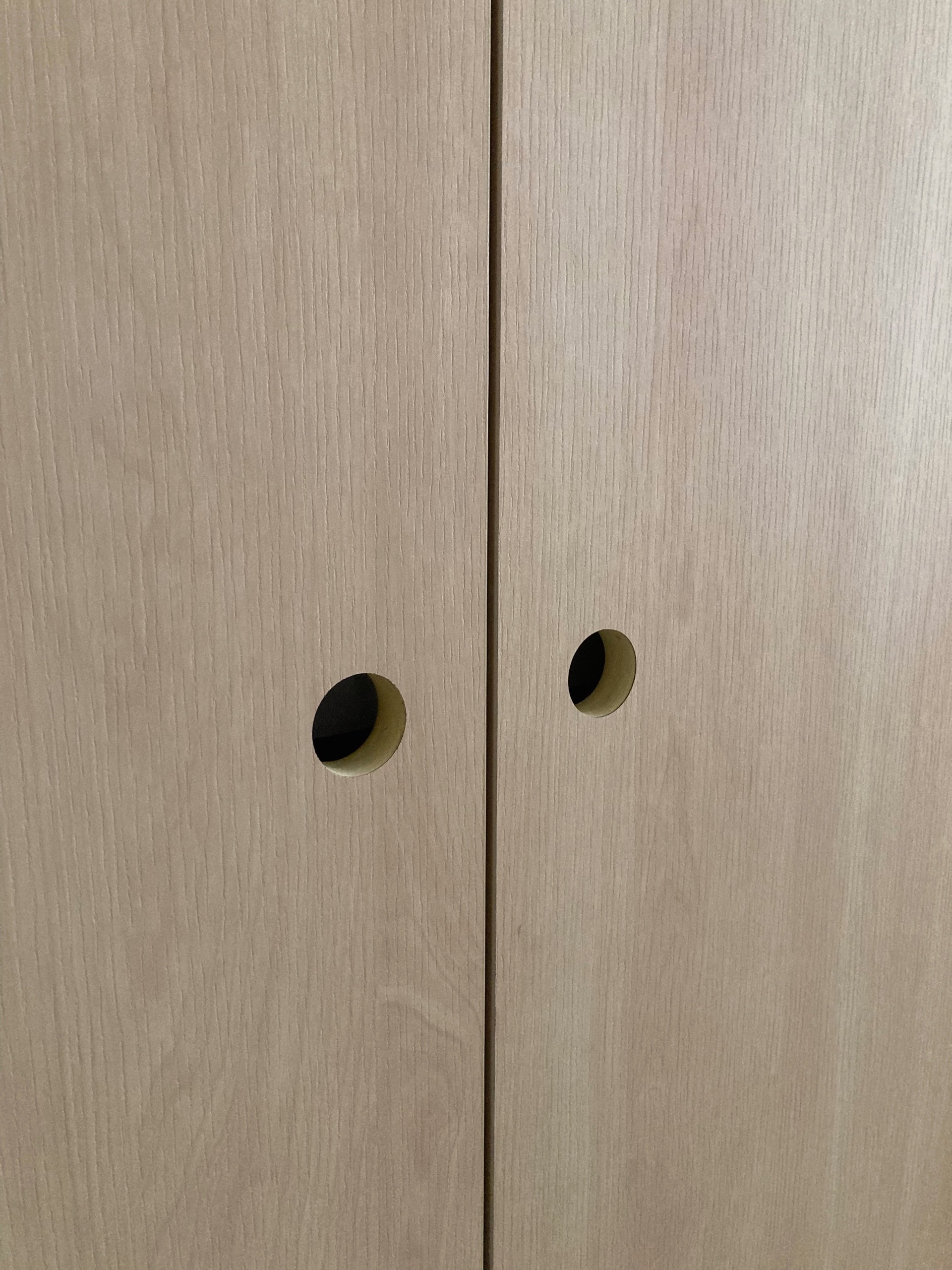 Choosing the right carpentry design and details  - Wooden cabinet doors, vertical grain, light wood finish, two circular