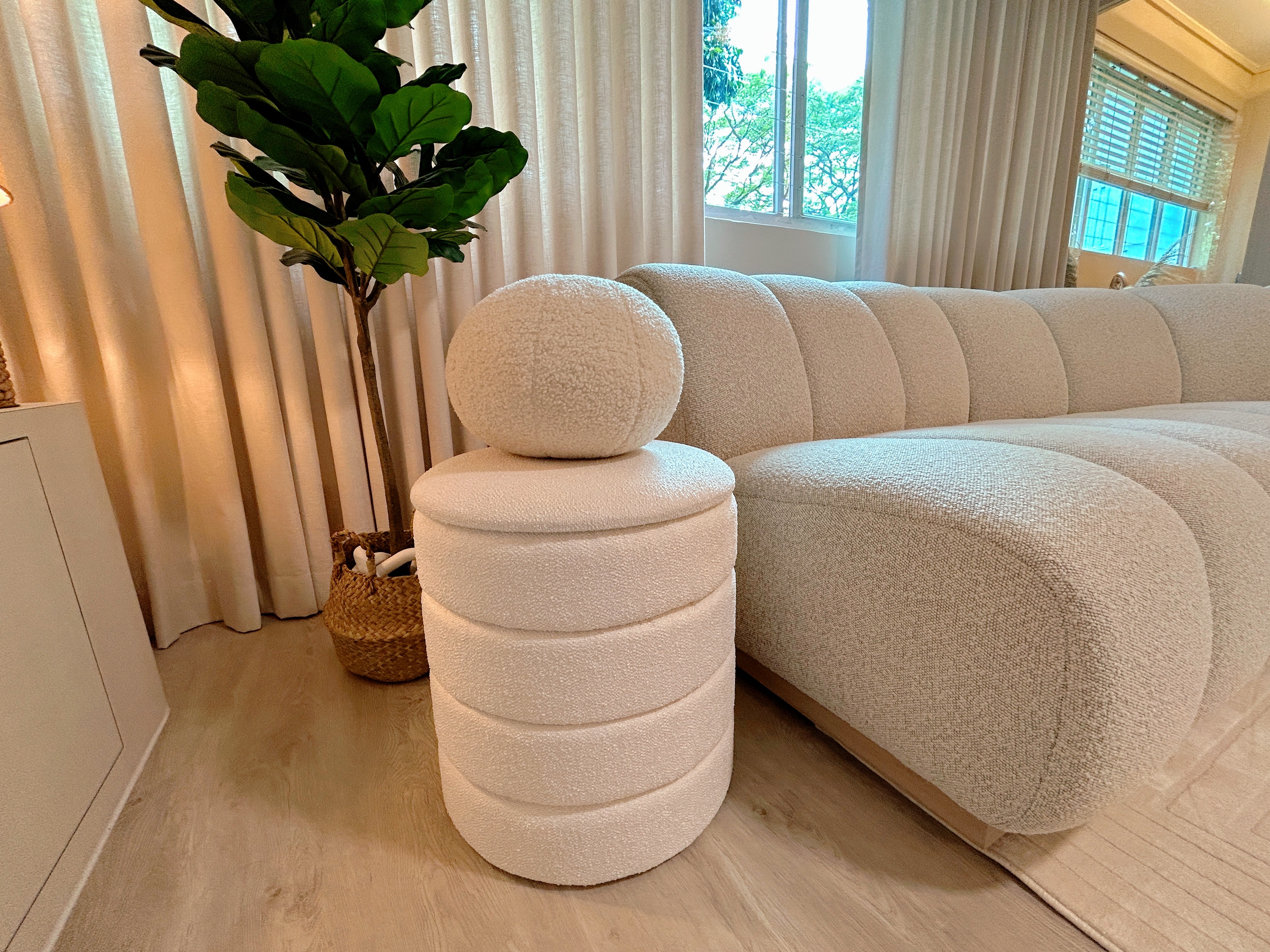 Living Room: Chill and Netflix! - Cream-colored, plush, modern sofa with rounded armrests, beige, textured upholstery, cozy