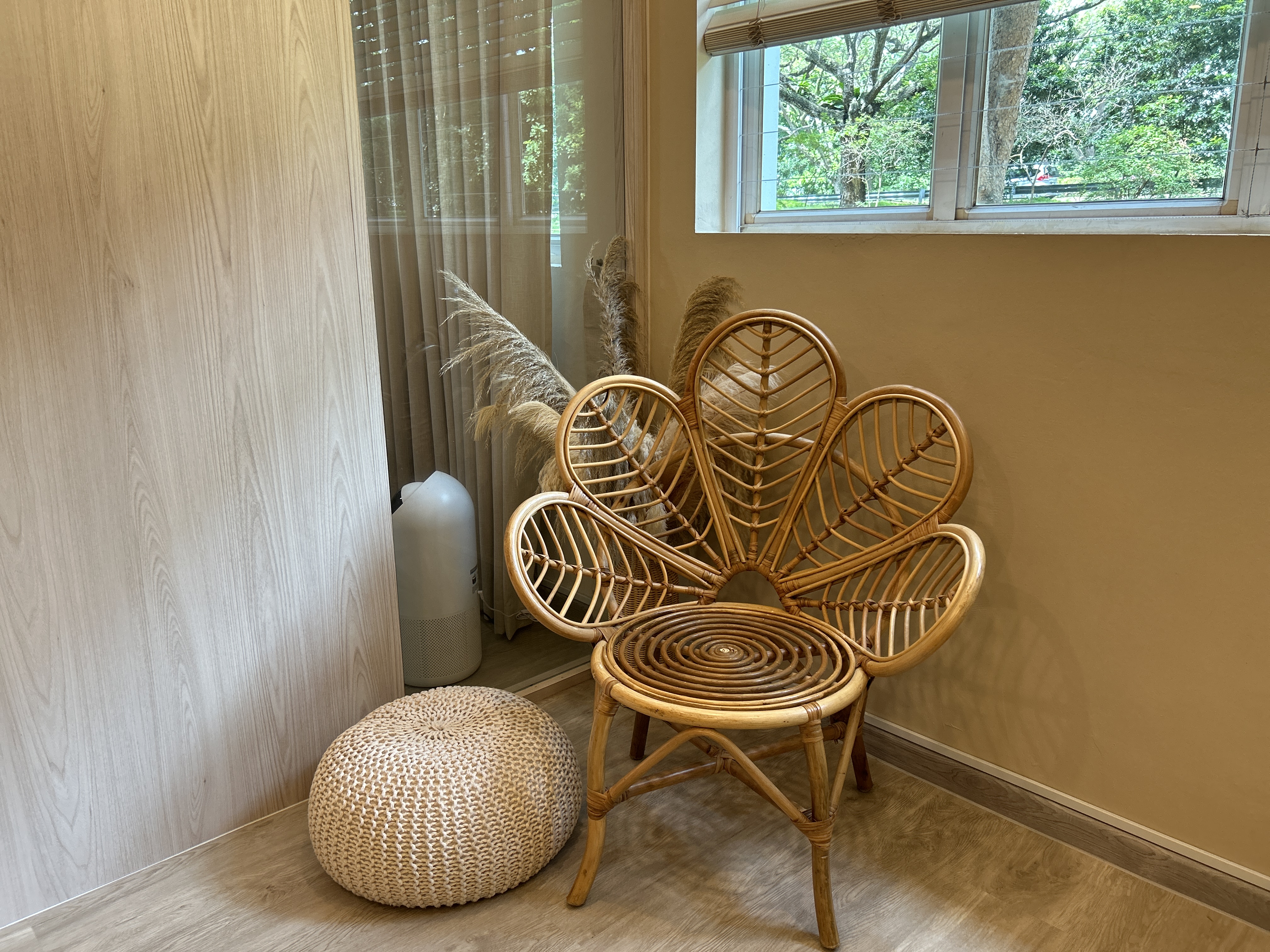 Entryway/ Balcony Transformation! - Wooden wall, natural light, indoor setting, cozy atmosphere, rustic furniture, woven