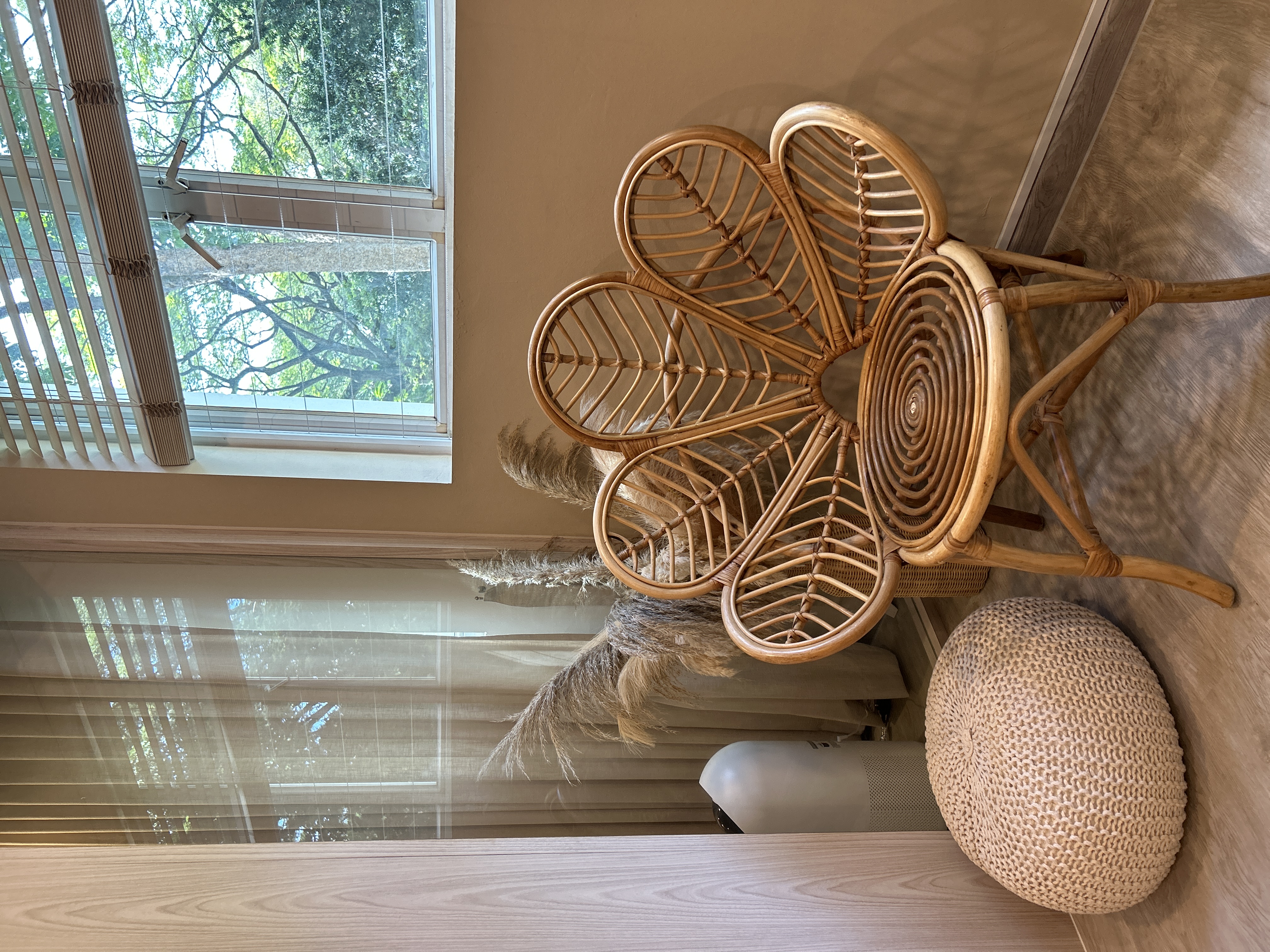 Entryway/ Balcony Transformation! - Woven chair, natural wood, rattan, indoor setting, large window, sunlight, tall blinds