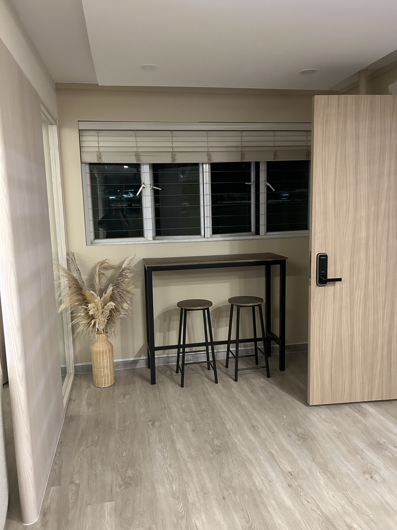 Entryway/ Balcony Transformation! - Light wood floor, modern kitchen, minimalist design, tall window, blinds, indoor plants