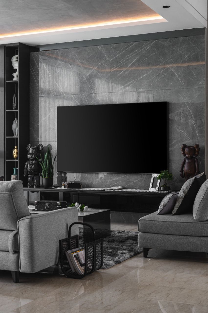 Living Room: a Monochromatic Affair  - Modern living room, minimalist design, sleek furniture, gray color scheme, large