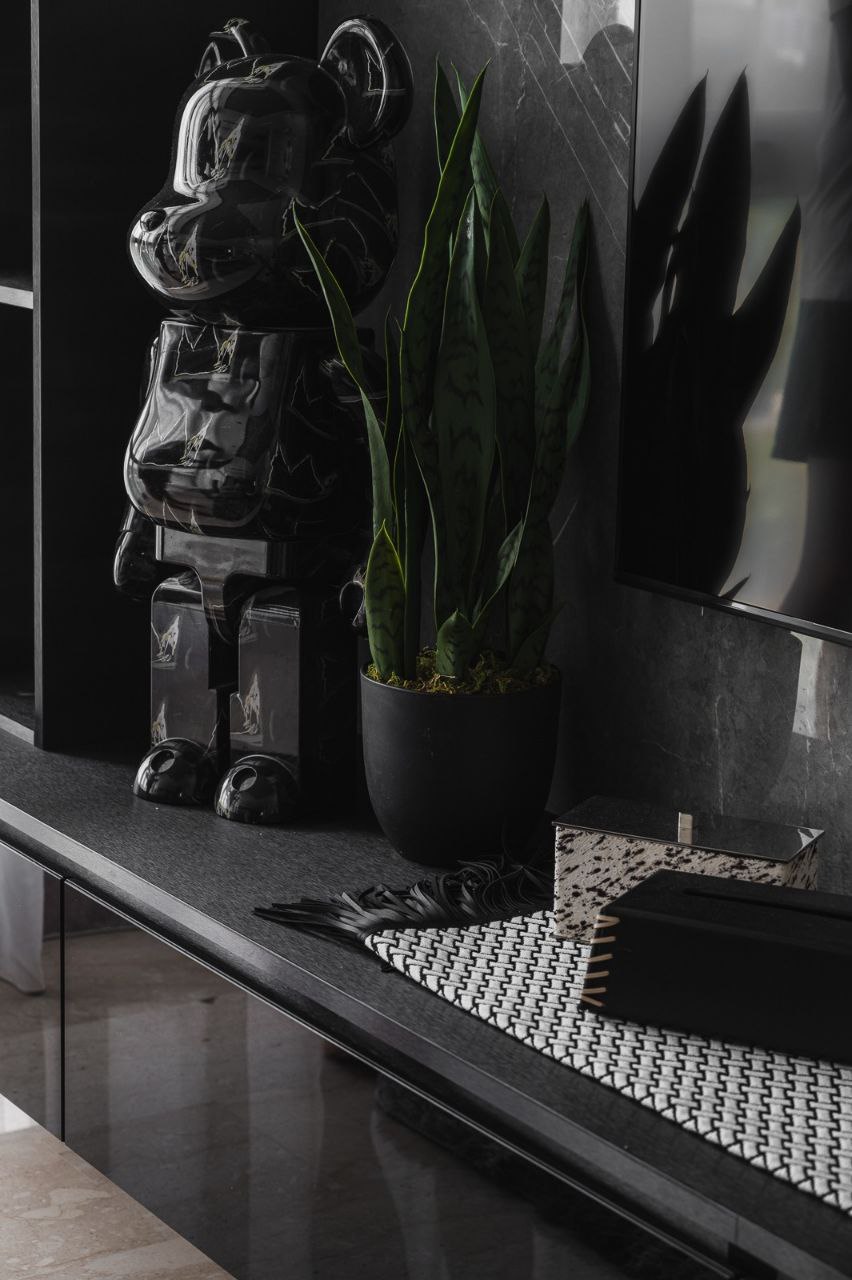 Living Room: a Monochromatic Affair  - black and white statue, modern decor, abstract art, minimalist design, sleek