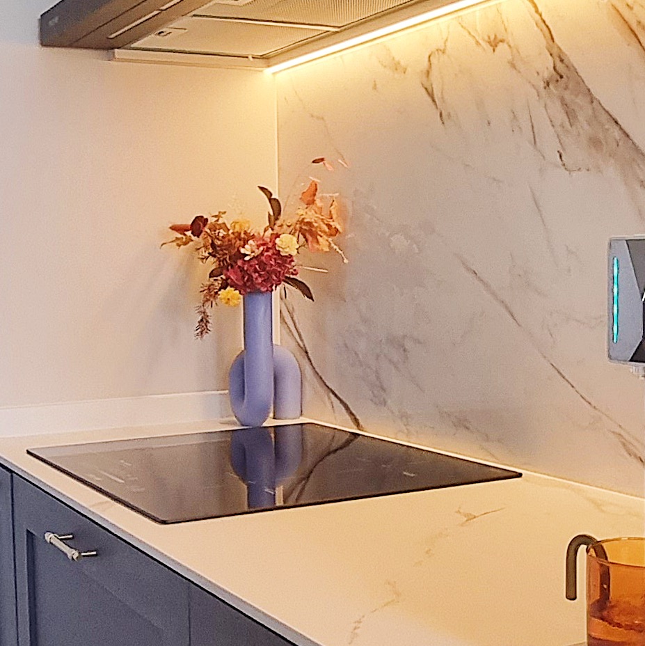 Growing our urban jungle/forest at home - Modern kitchen countertop, marble backsplash, contemporary design, sleek