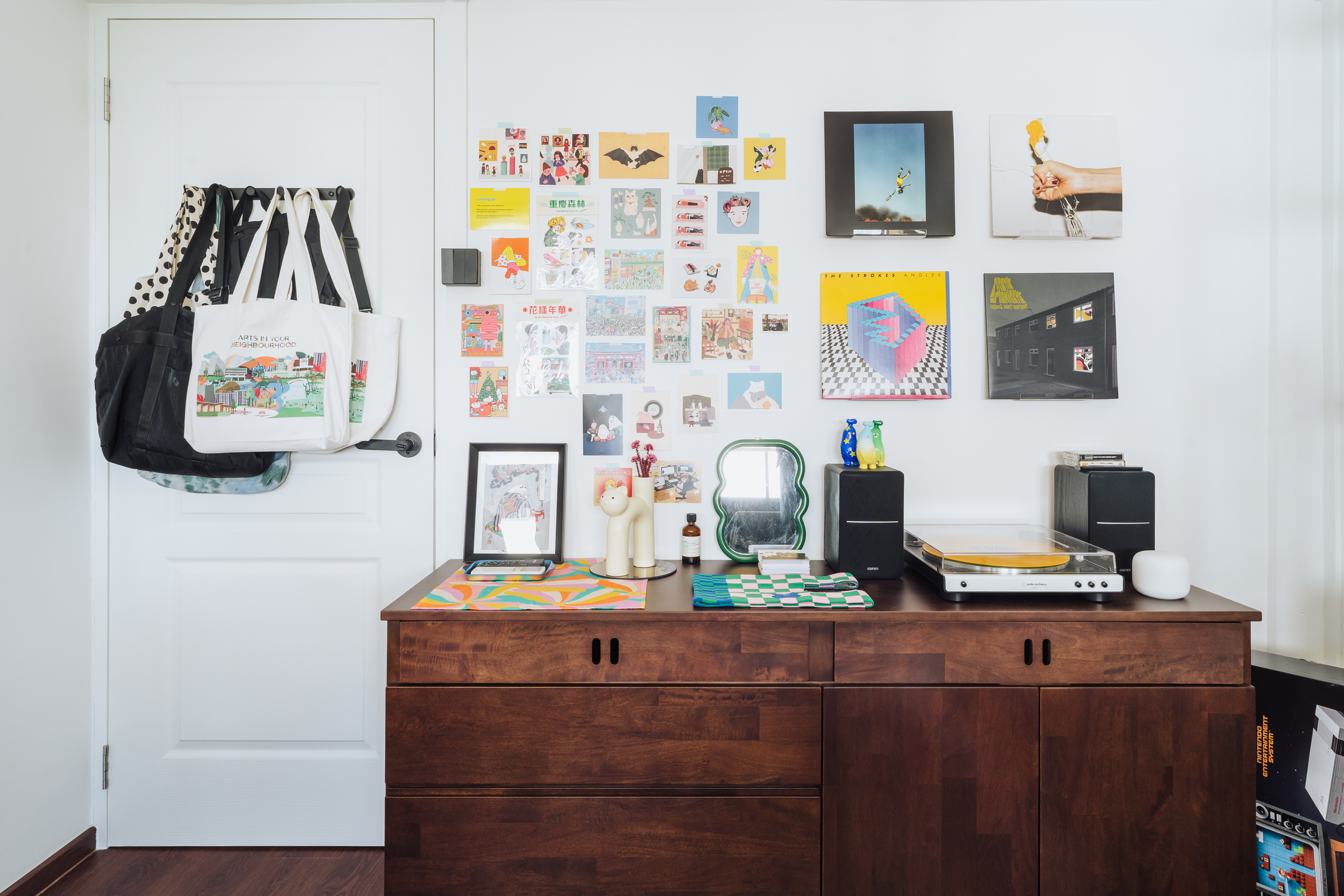 Studio - A bright pop of yellow and a whole lot of knick-knacks!  - Wall art, colorful decor, black and white tote bags