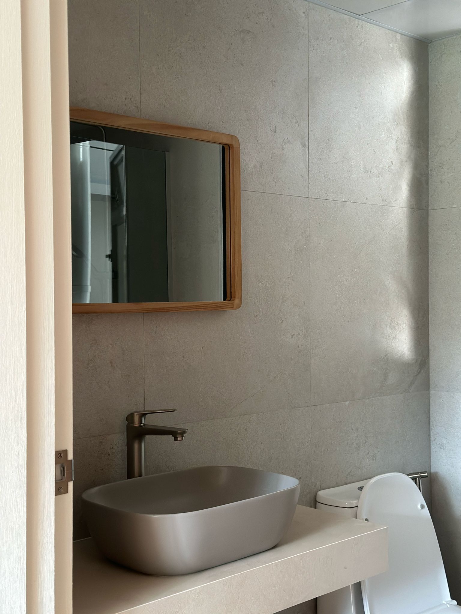 Our wabi-sabi master bathroom  - Modern bathroom vanity, minimalist sink, floating vanity, sleek design, wooden frame mirror