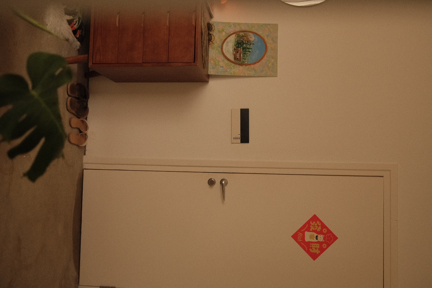 The tiny entryway to our heritage home - Wooden cabinet, slippers, plant, light fixture, wall art, decorative tile, red