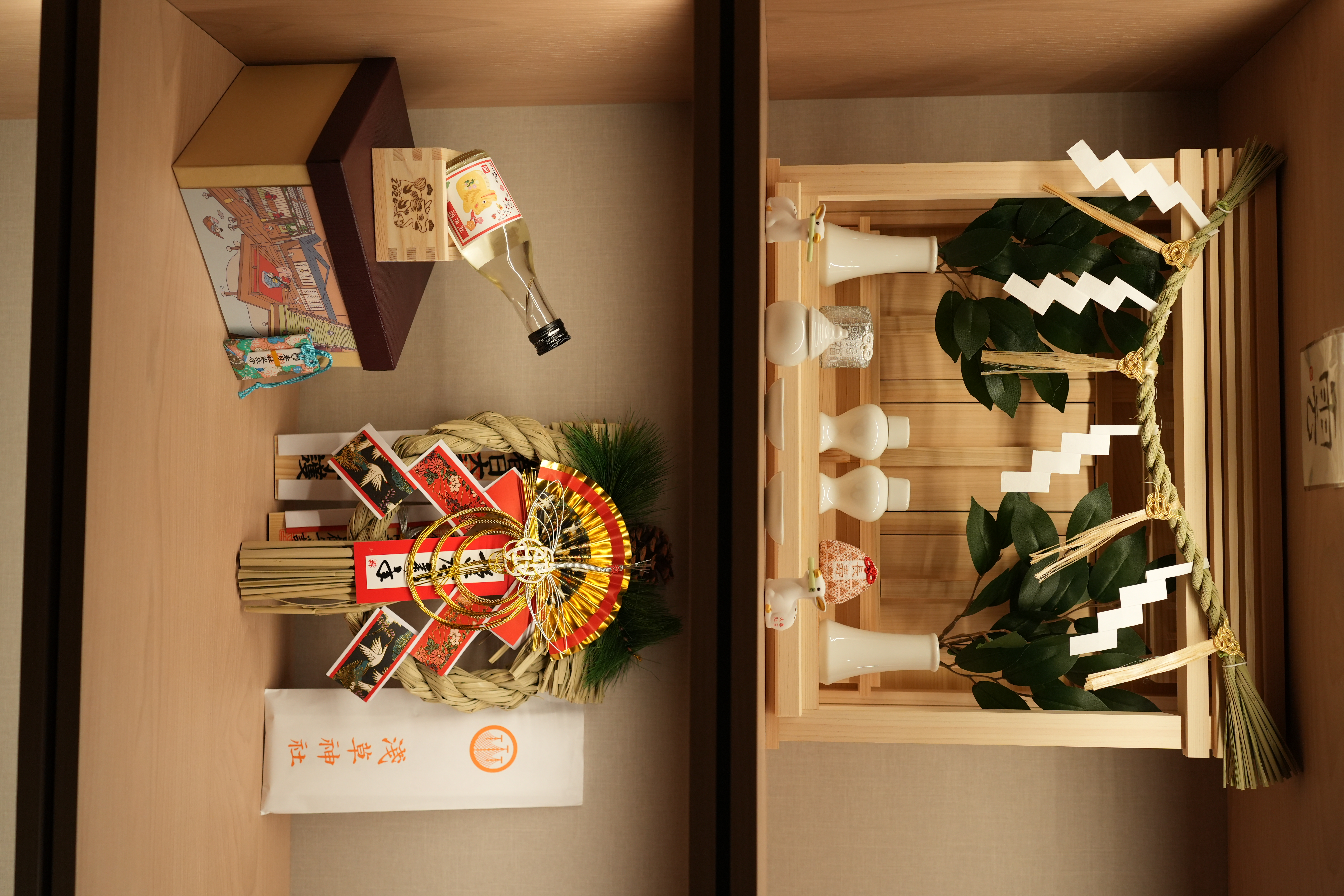 Modern Japanese Home - Tokyo Life, Shinto, Ryokan-esque - Shelves, wooden, Japanese, ceremony, incense sticks, garland