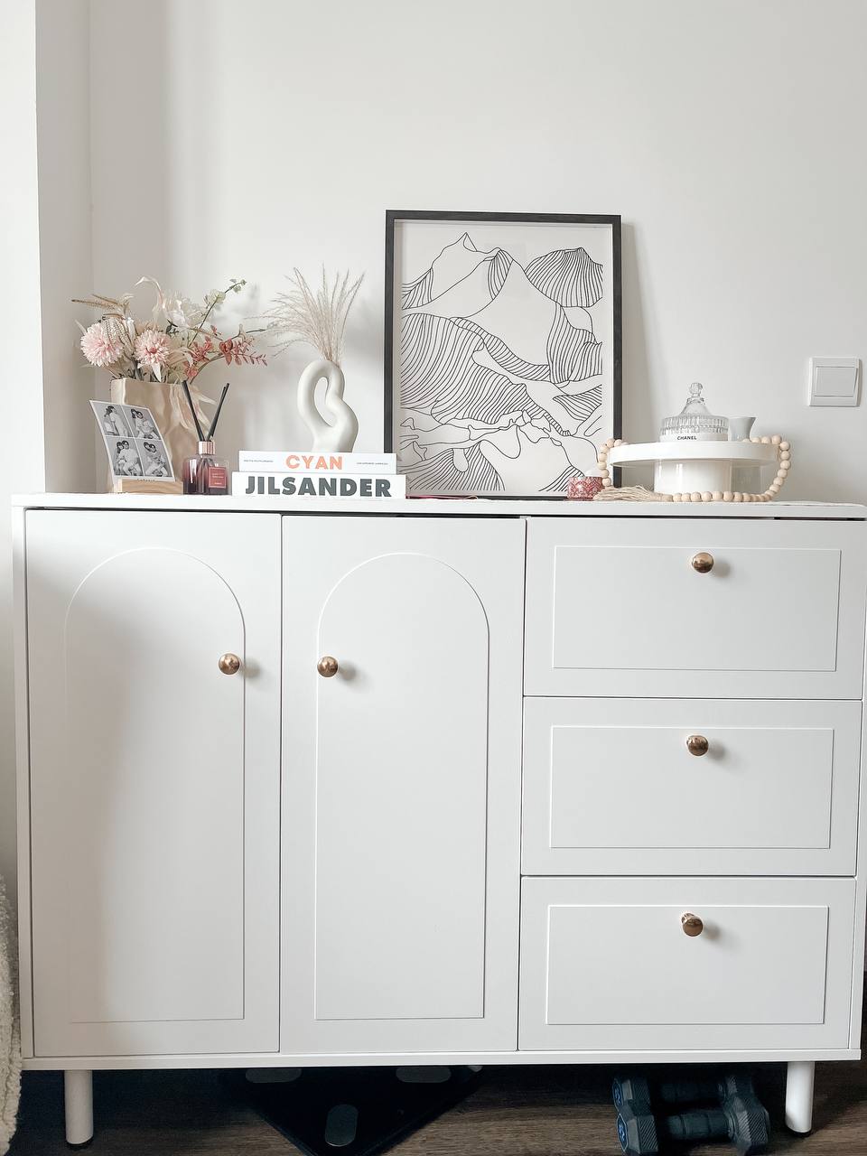 New addition and styling <3 - White minimalist dresser, elegant design, modern decor, white cabinets, round knobs, simple yet