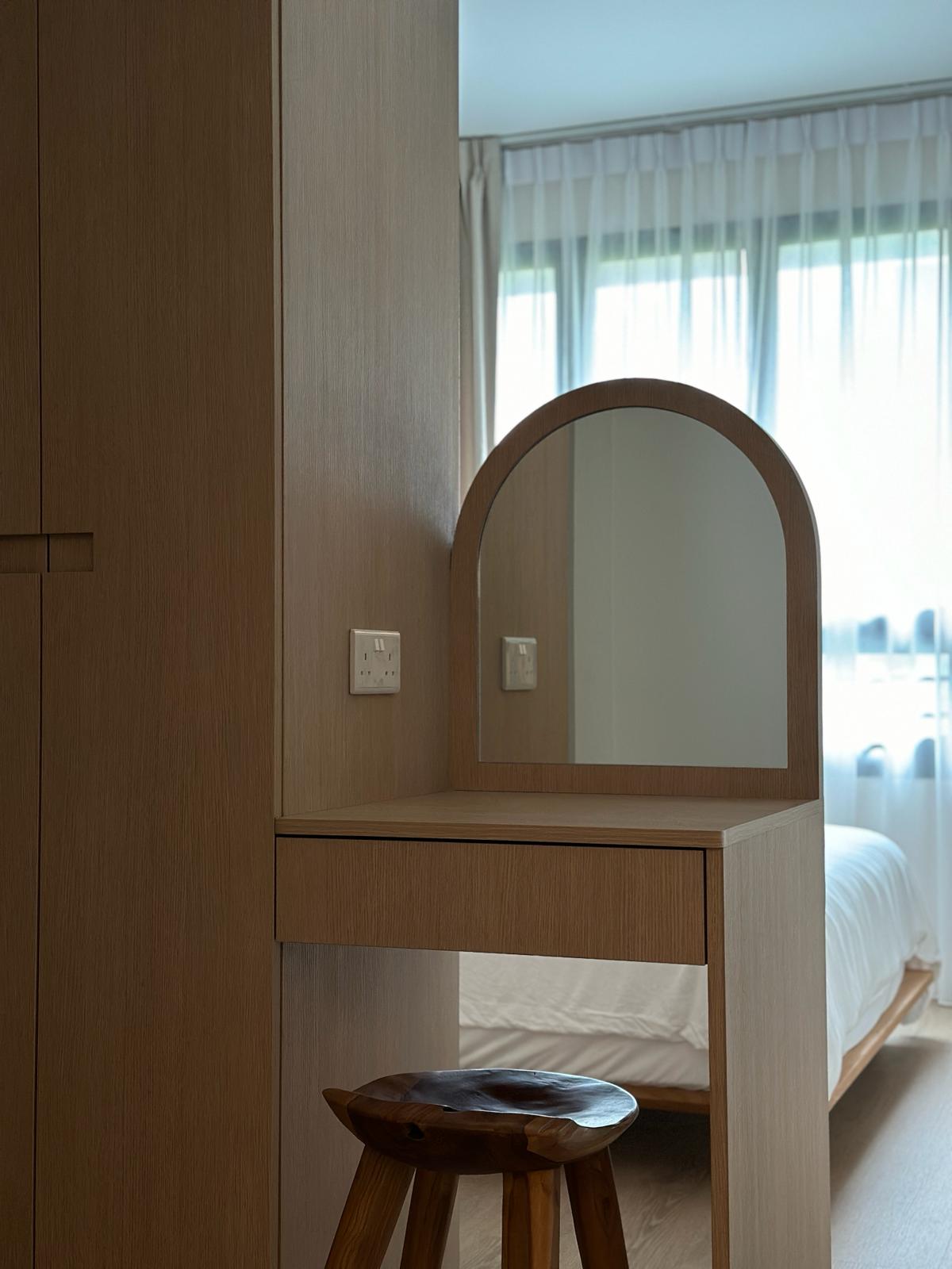 Our mini walk-in wardrobe in master bedroom  - Wooden vanity, mirror, wooden desk, minimalist design, natural wood finish