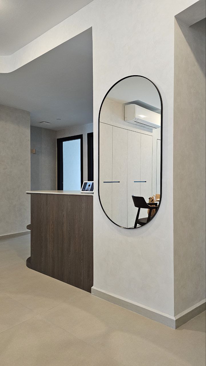 A modern minimalist inspired home  - Modern minimalist interior, sleek wall mirror, contemporary design, neutral color