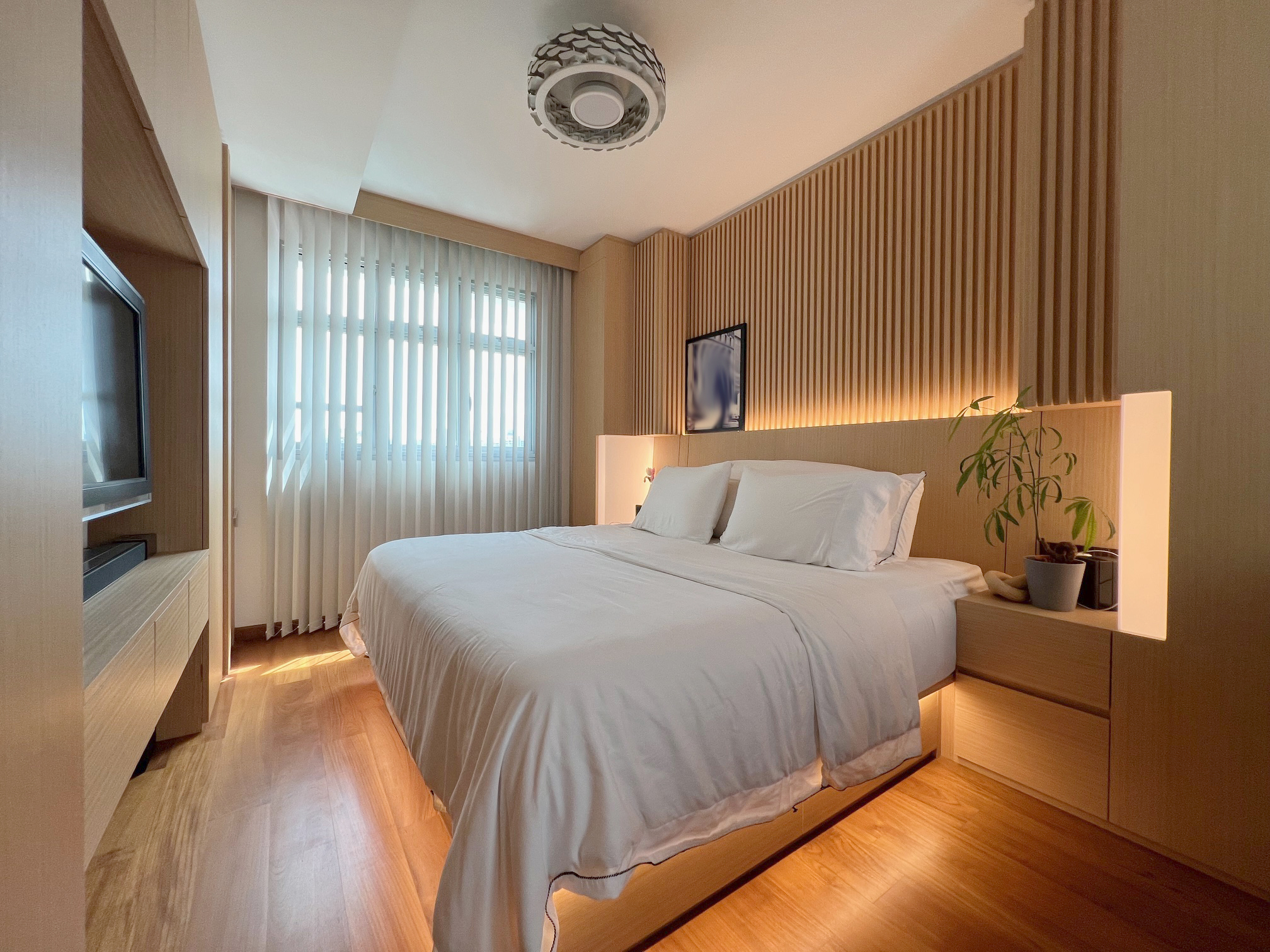 Wooden Element with Japanese Inspired Interior - Wooden floor, modern bedroom, large bed, white bedding, bedside table