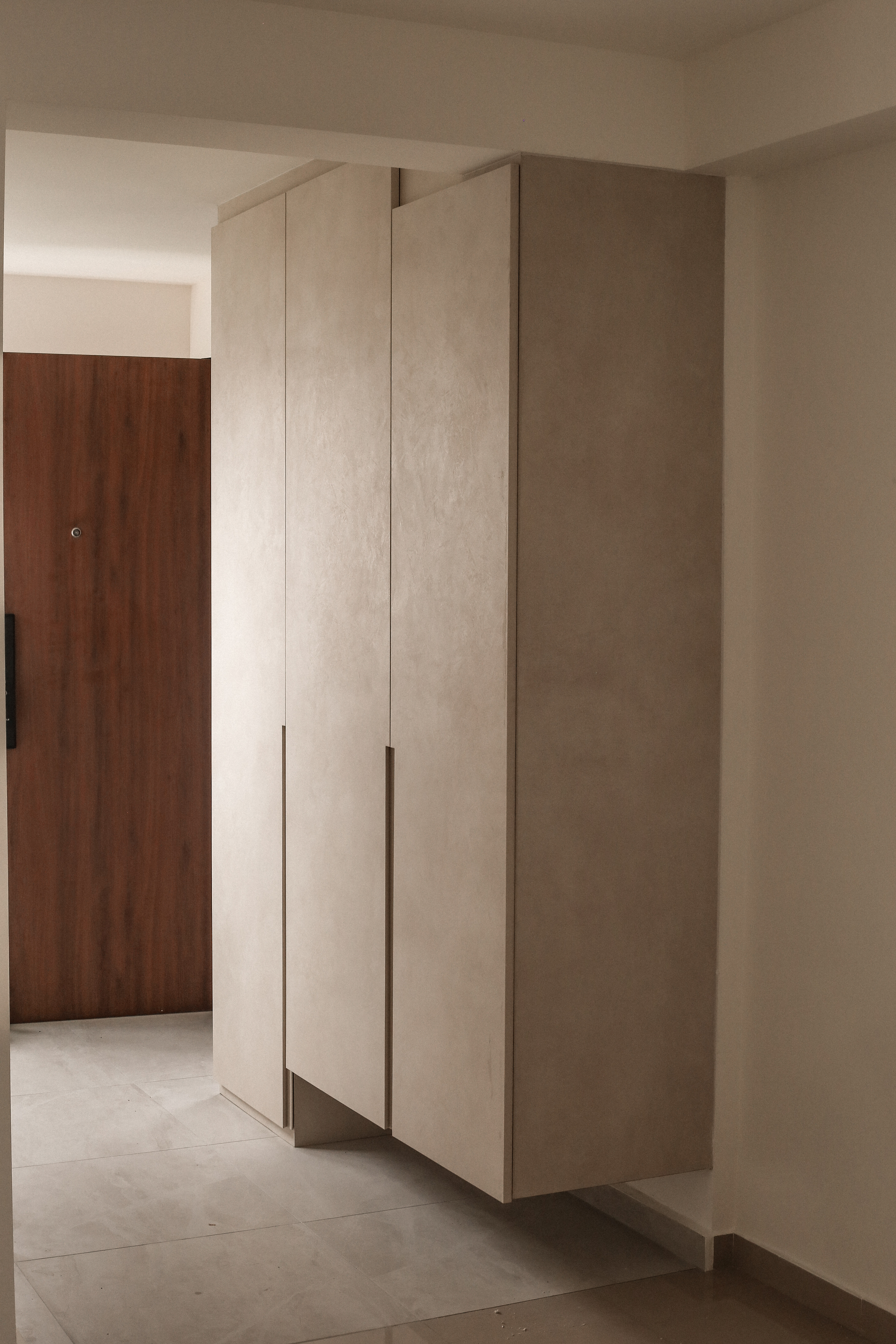 Welcome to our Littleroot House! - Wooden wardrobe, minimalist design, beige color, modern style, sleek lines, open shelving