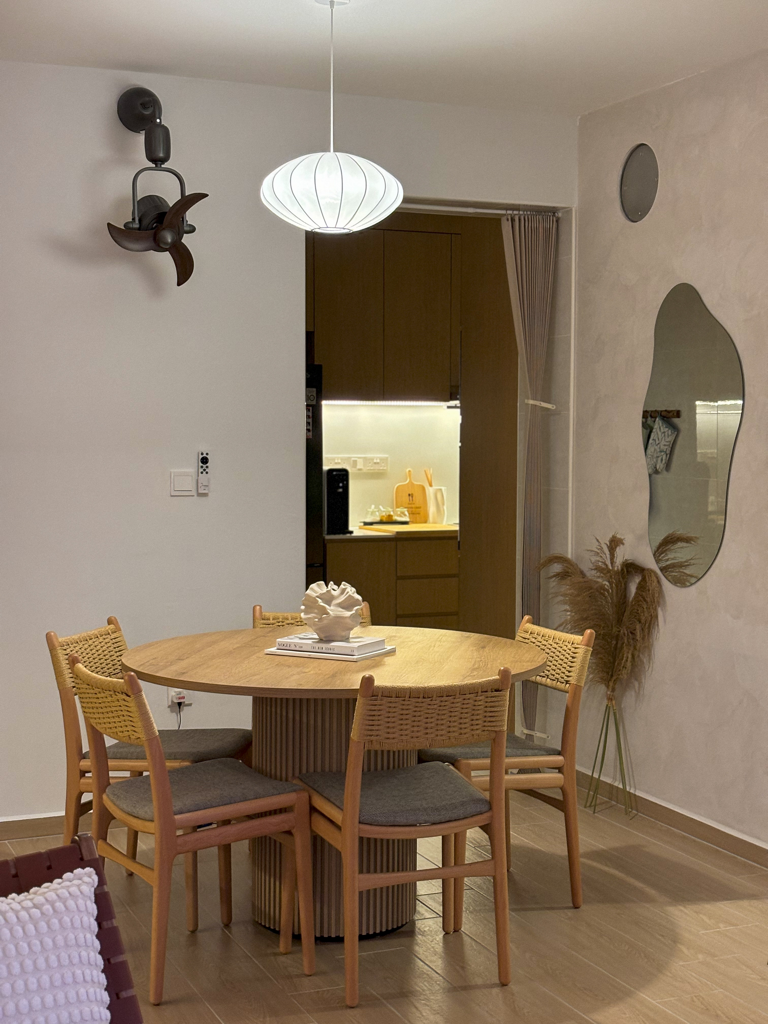 4-room Scandi Minimalist under 37k - Modern dining room with wooden table and chairs, minimalist decor, neutral color