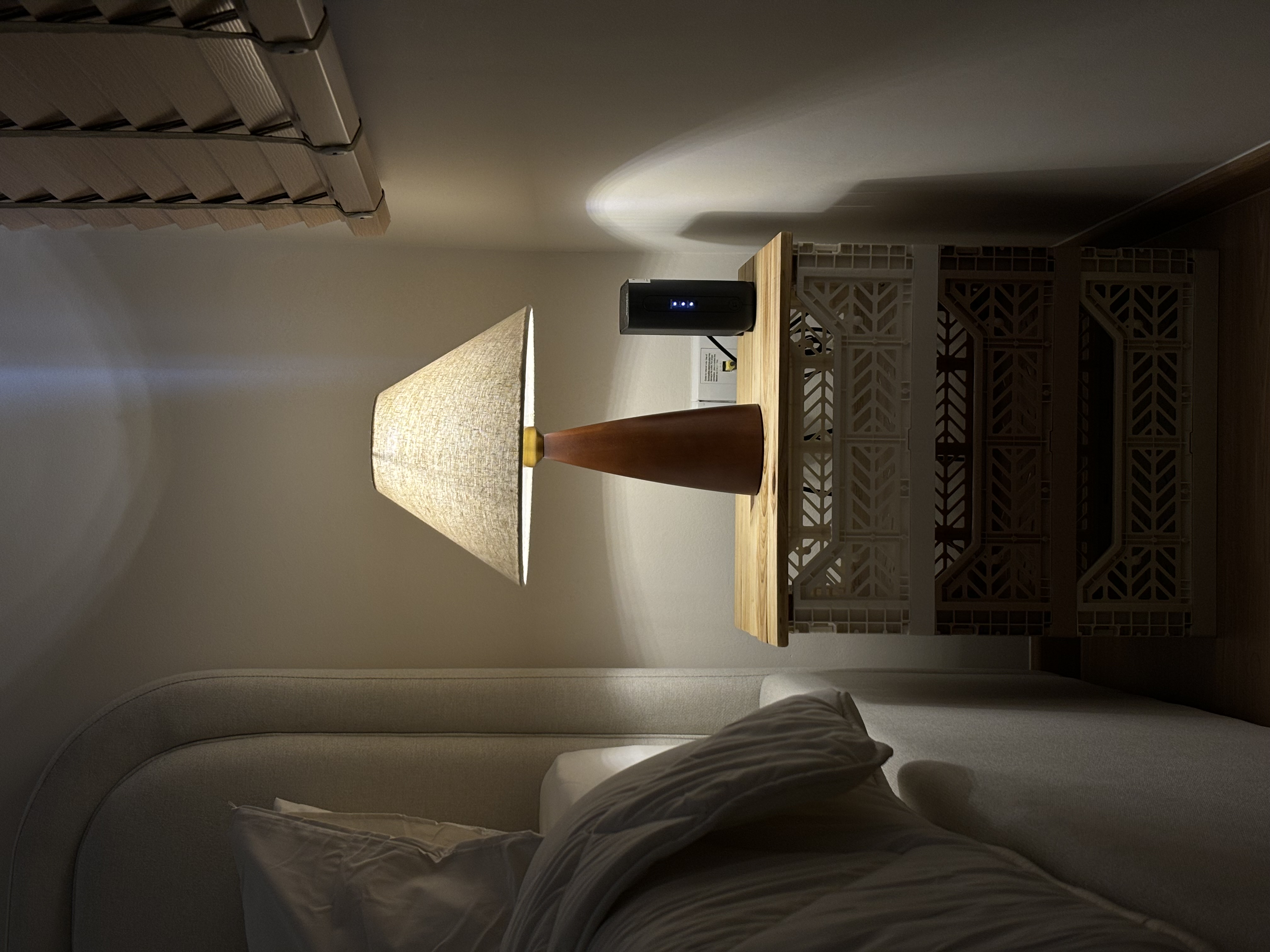 4-room Scandi Minimalist under 37k - modern bedroom, cozy ambiance, soft lighting, floor lamp, bedside table, wooden design