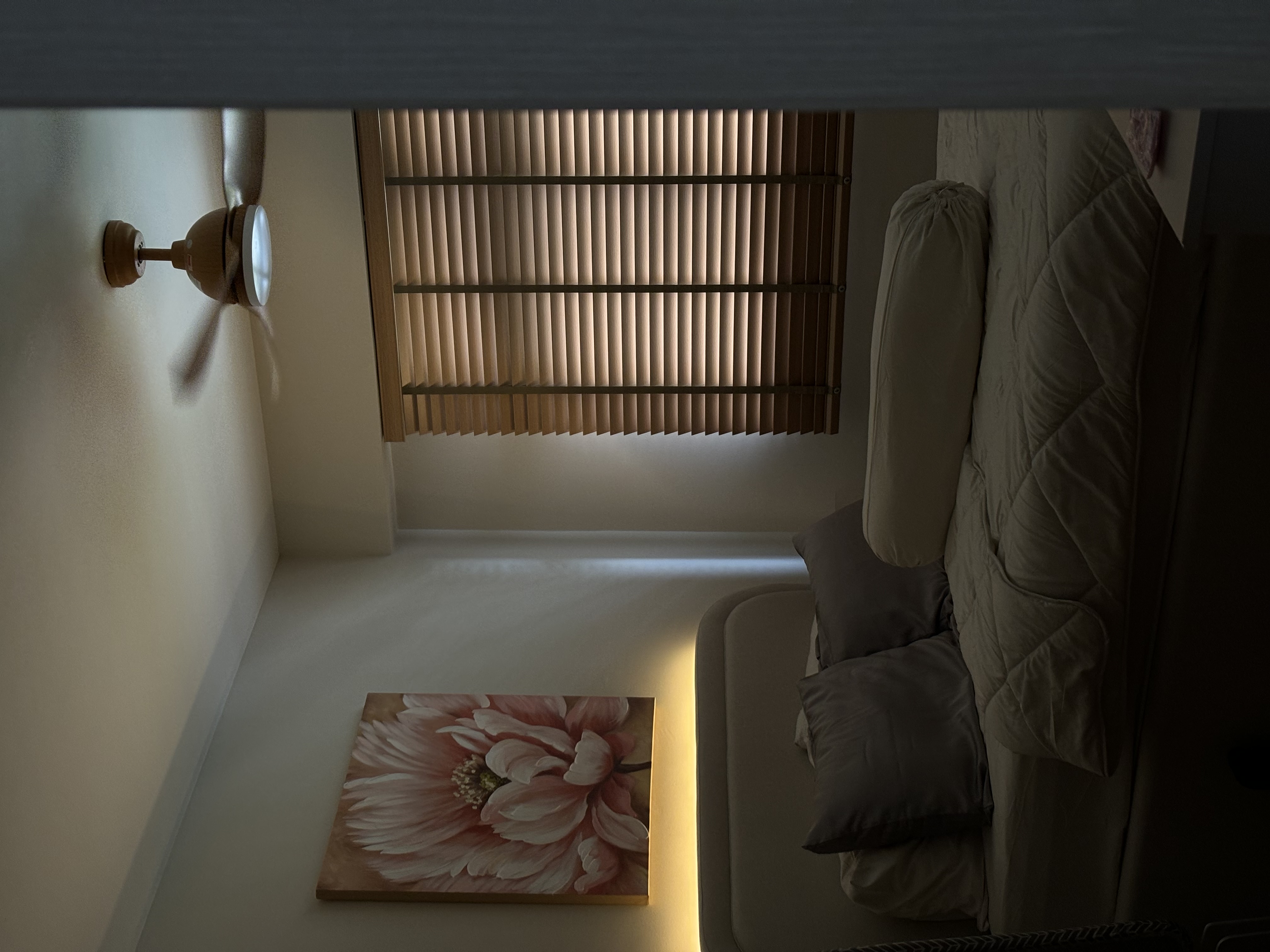 4-room Scandi Minimalist under 37k - Sunlit bedroom, soft lighting, cozy atmosphere, wooden blinds, modern decor, plush bed