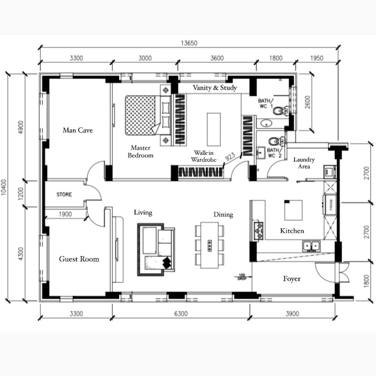 Modern x Contemporary Open-Concept Home Unveiled! - Man cave, Master Bedroom, Walk-in Wardrobe, Laundry Area, Kitchen