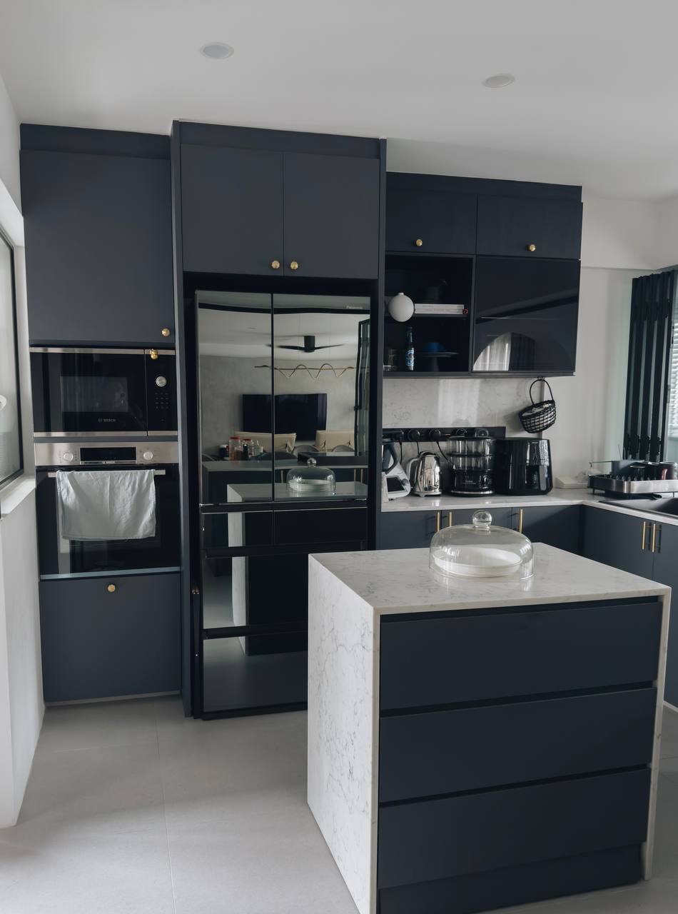 Modern x Contemporary Open-Concept Home Unveiled! - Dark gray kitchen cabinetry, sleek appliances, marble island countertop