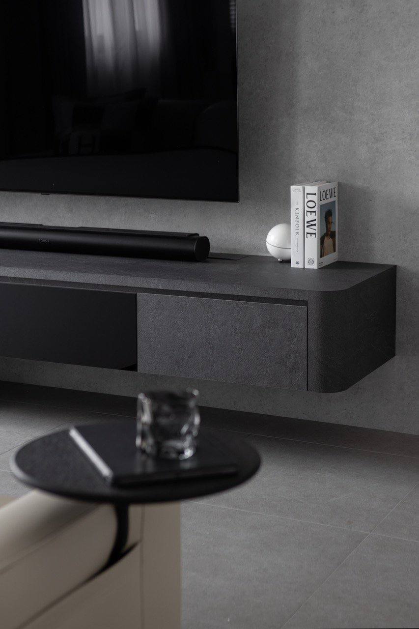 Modern x Contemporary Open-Concept Home Unveiled! - modern living room, minimalist decor, sleek TV stand, black and gray