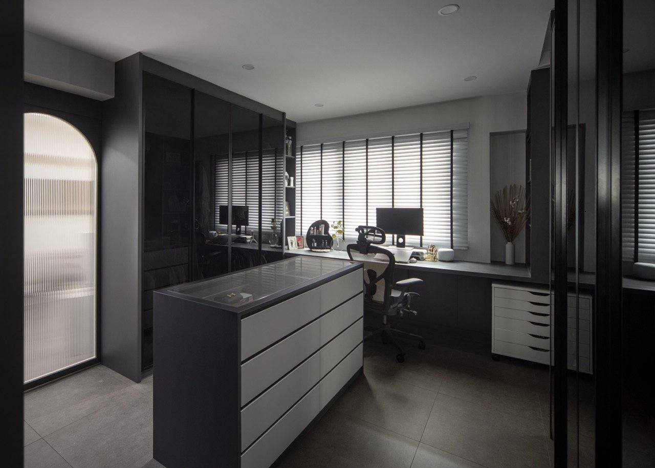 Modern x Contemporary Open-Concept Home Unveiled! - Modern workspace with sleek design, large desk, ergonomic chair, glass