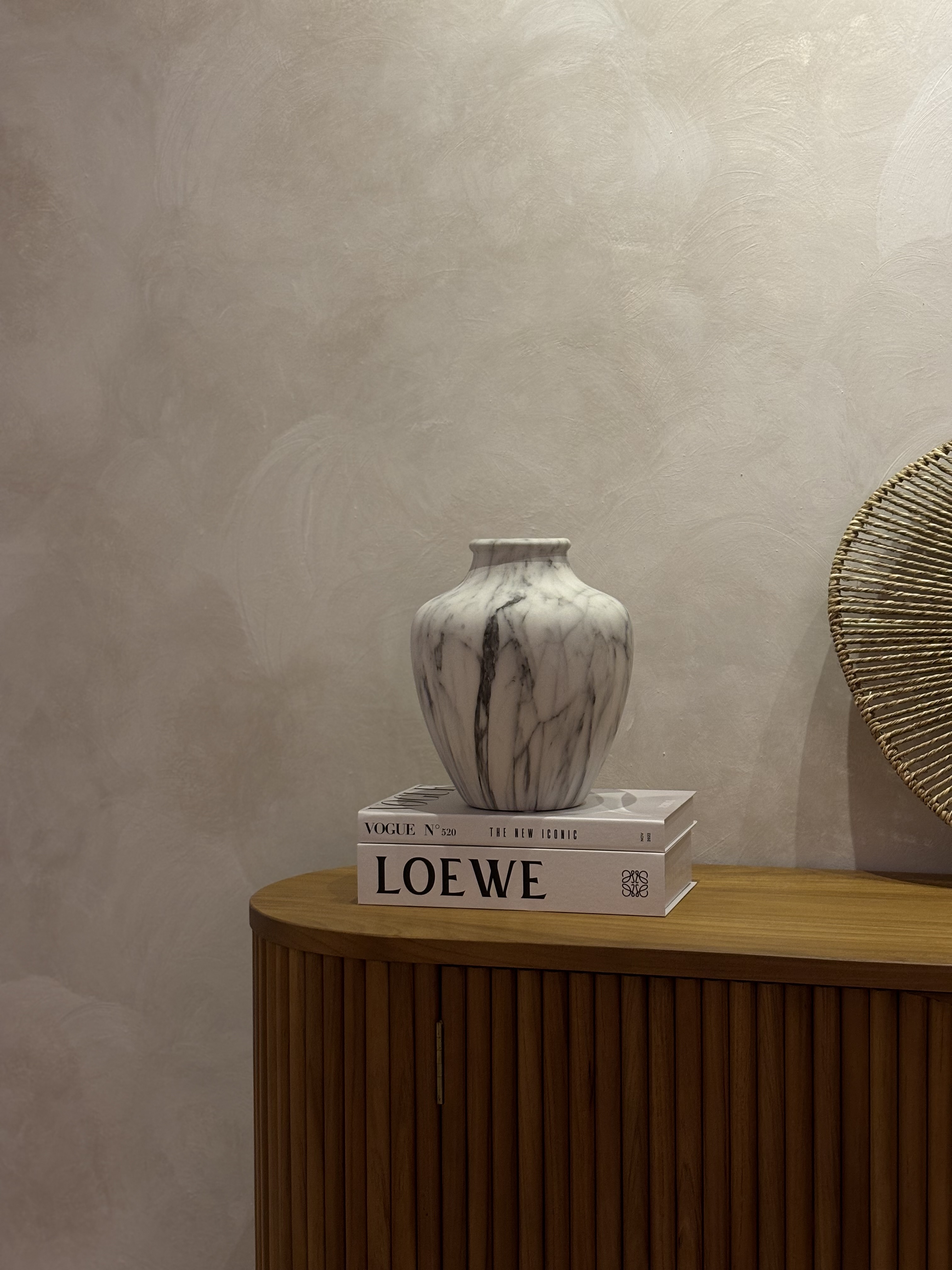 4-room Scandi Minimalist under 37k - marble vase, minimalist decor, elegant shelf, wooden table, textured wall, soft