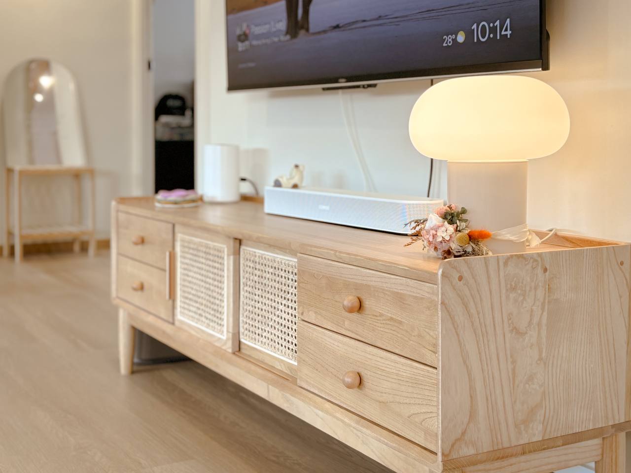 He wants it minimal, she wants it cute - Wooden TV stand, modern decor, minimalist design, light wood finish, natural