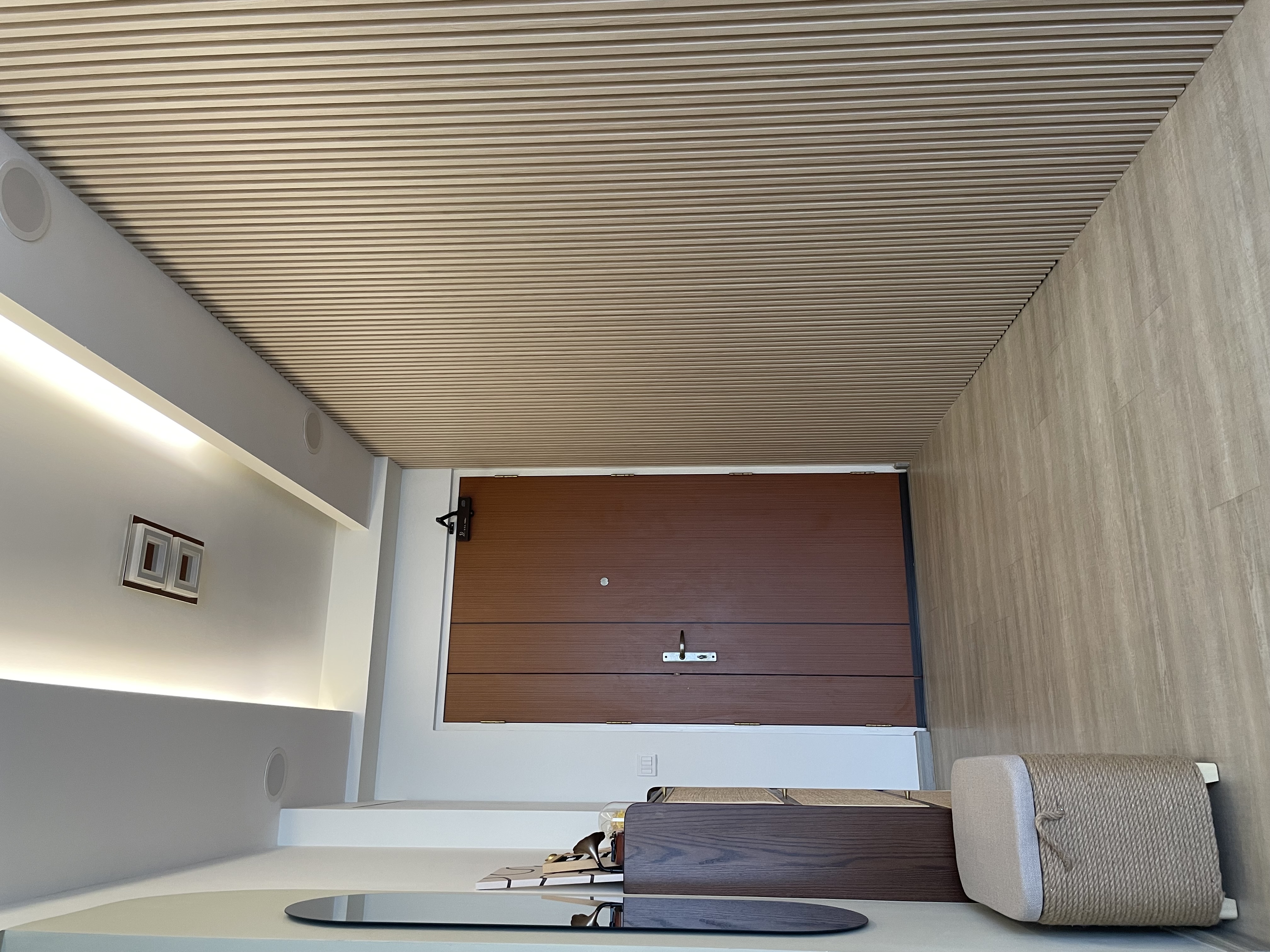 Our cosy crib filled with rattan-wooden accent pieces  - Modern minimalist interior, sleek ceiling design, wooden paneling