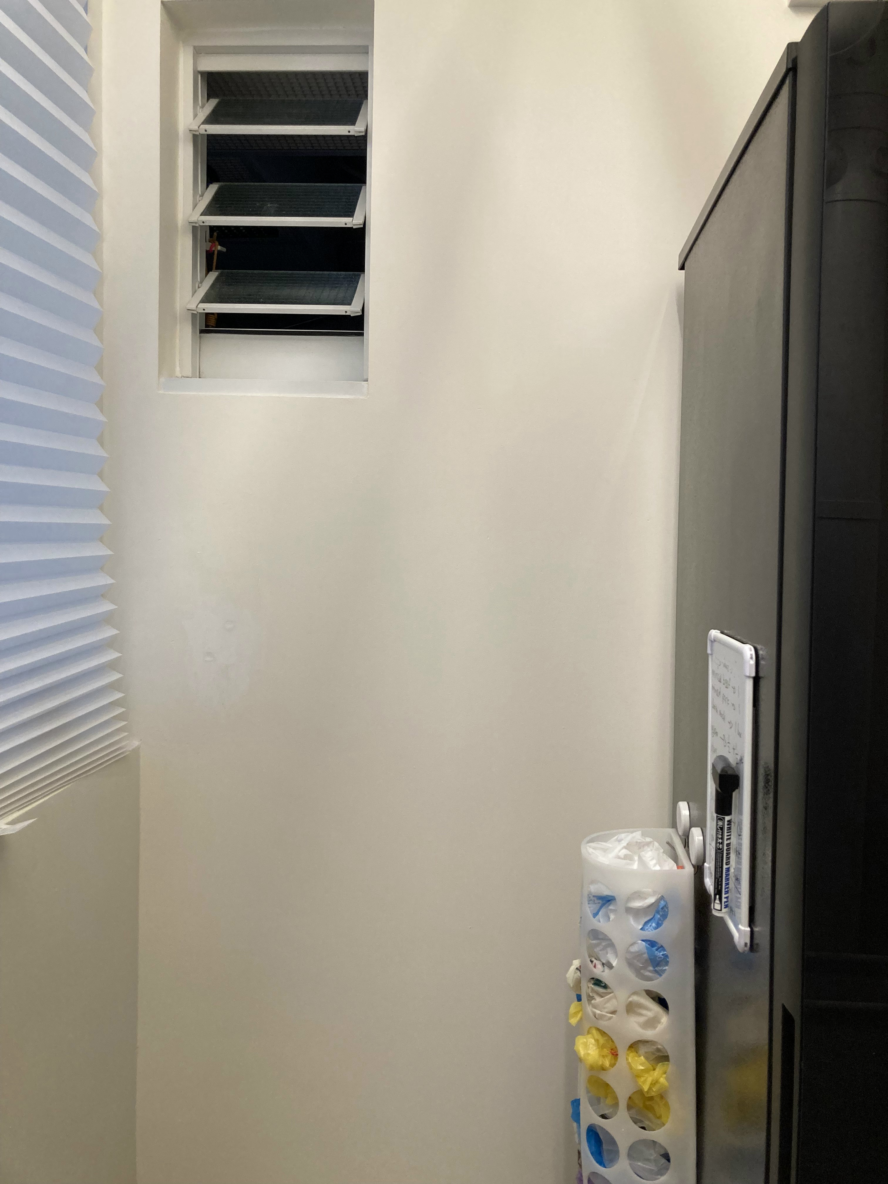 Service yard with a fridge and zero built-ins - window, ventilation, ventilation shaft, ventilation grate, white blinds