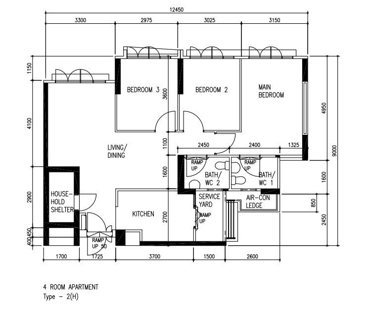 Flat white and gold modern minimalist 4rm resale HDB - 4-room apartment with two bedrooms and a living/dining area, Layout
